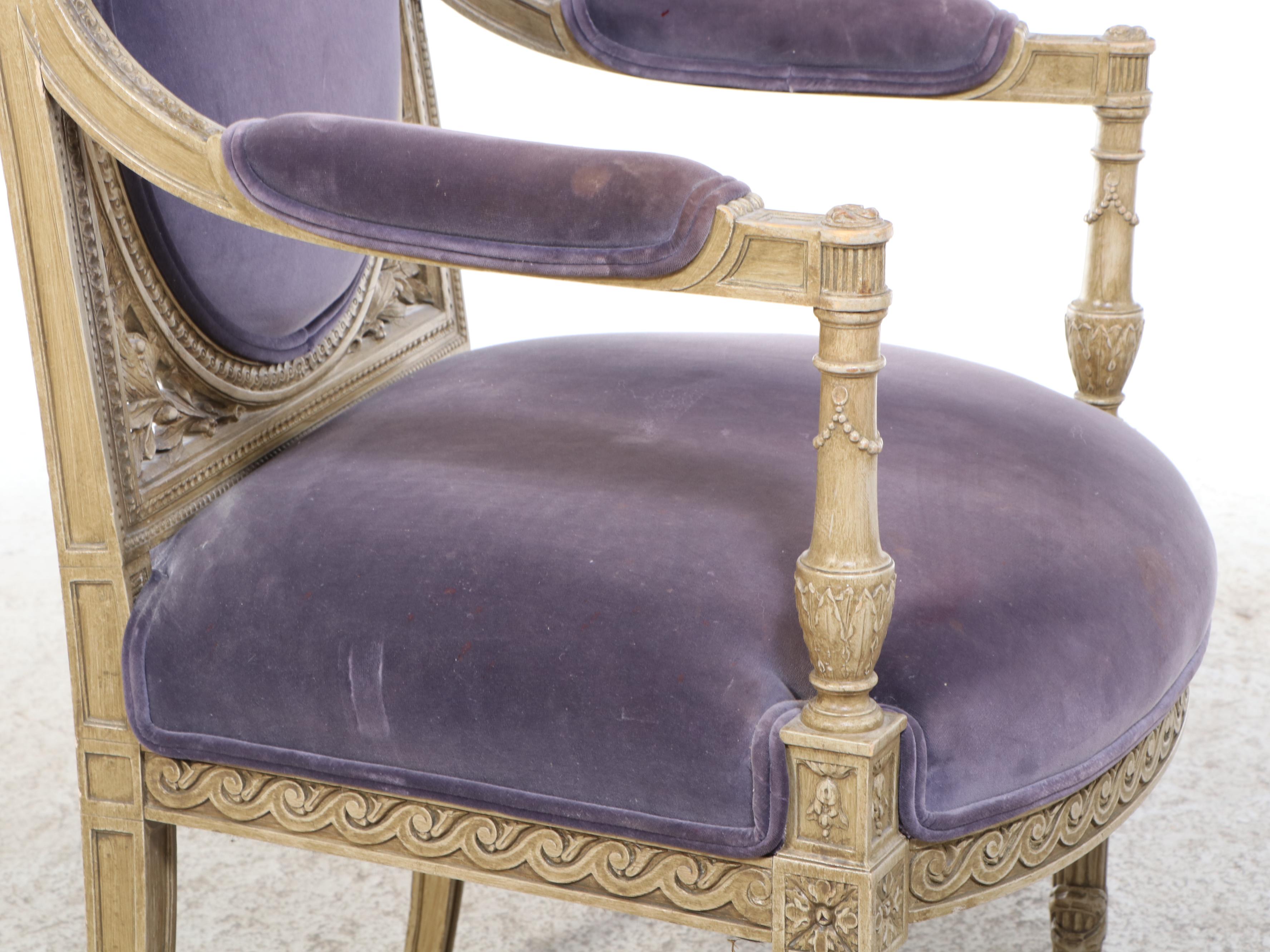 Pair of Louis XVI Style Cream-Painted and Purple Velvet Fauteuils, 20th Century