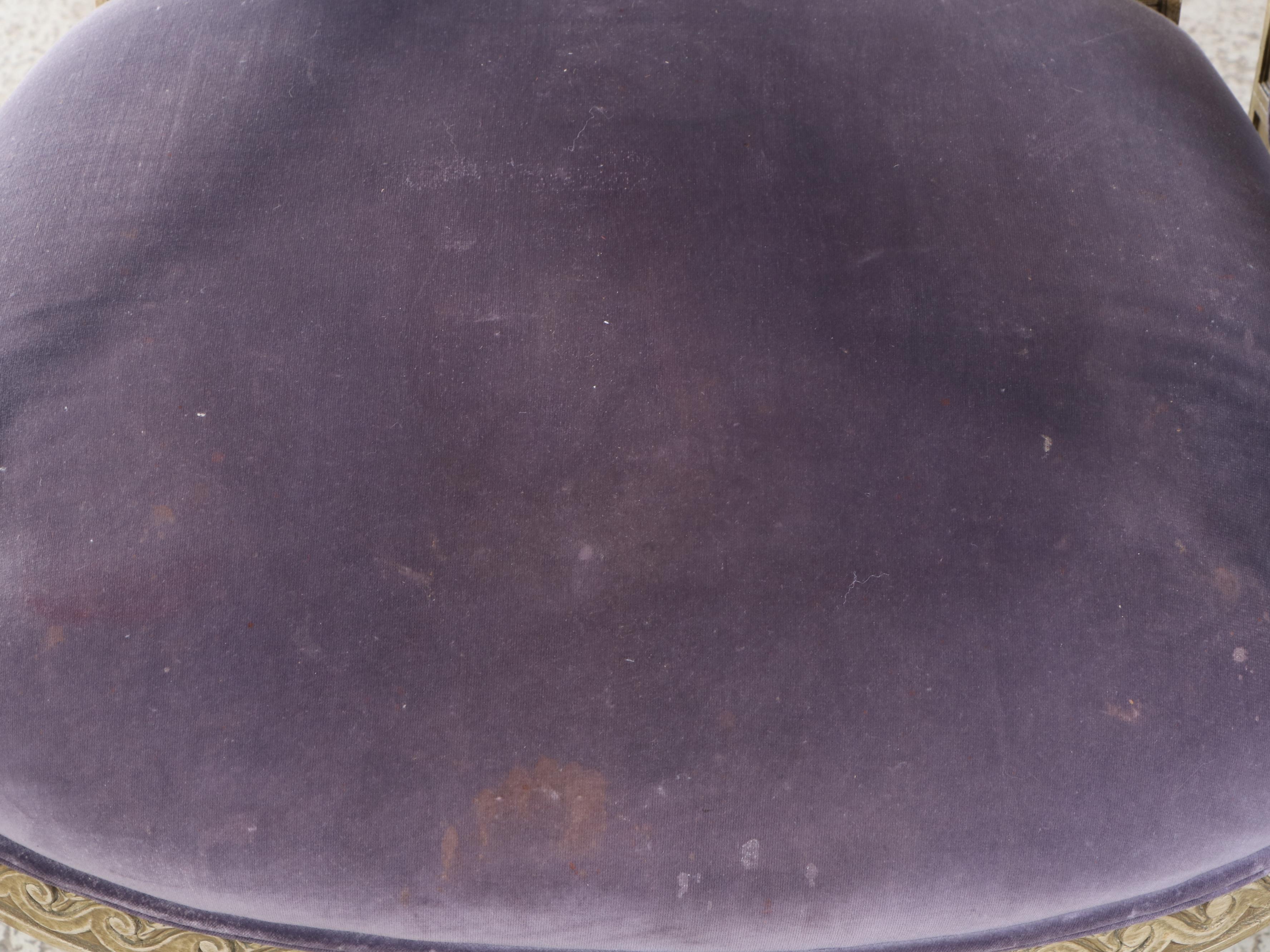 Pair of Louis XVI Style Cream-Painted and Purple Velvet Fauteuils, 20th Century