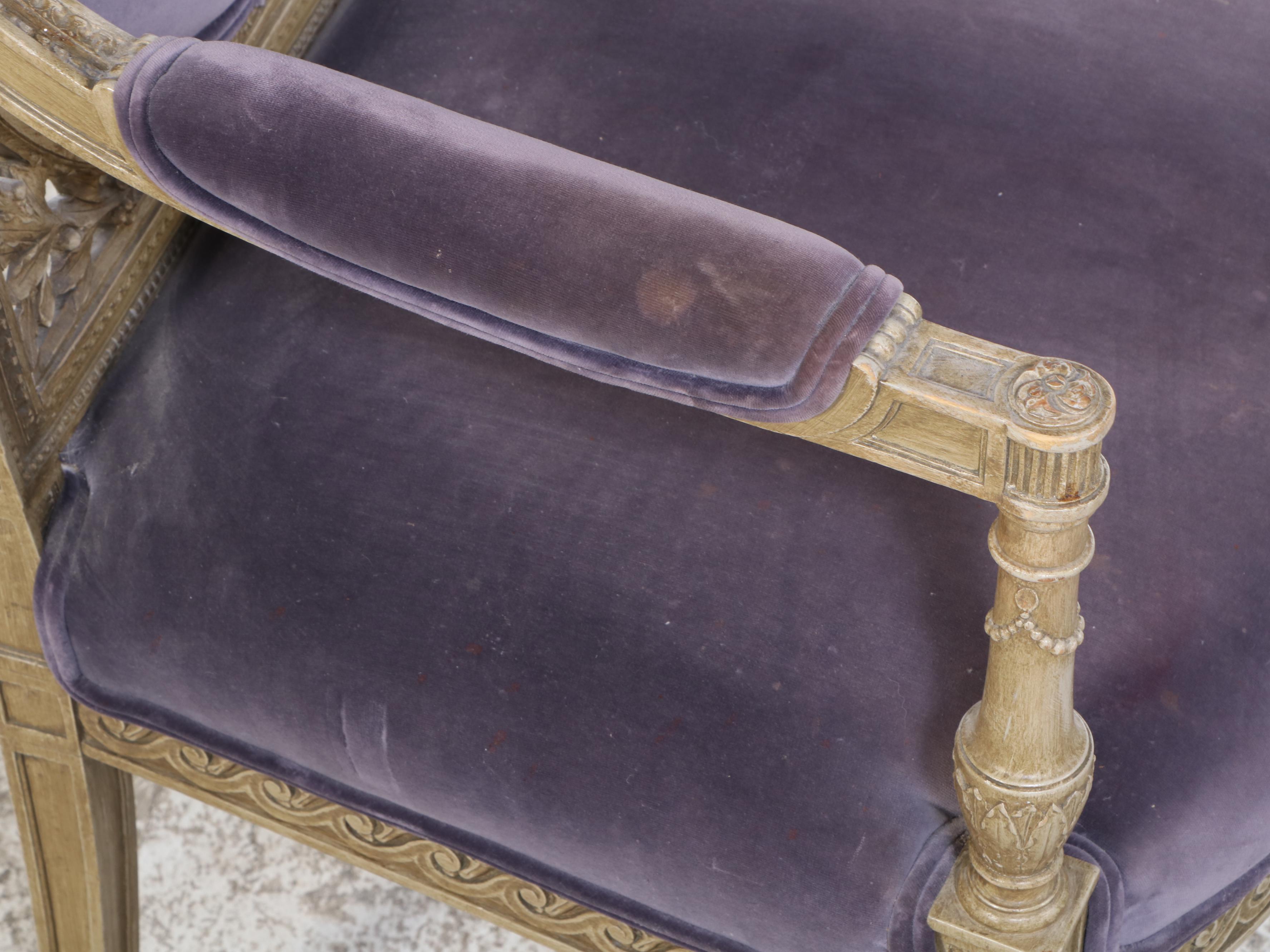 Pair of Louis XVI Style Cream-Painted and Purple Velvet Fauteuils, 20th Century