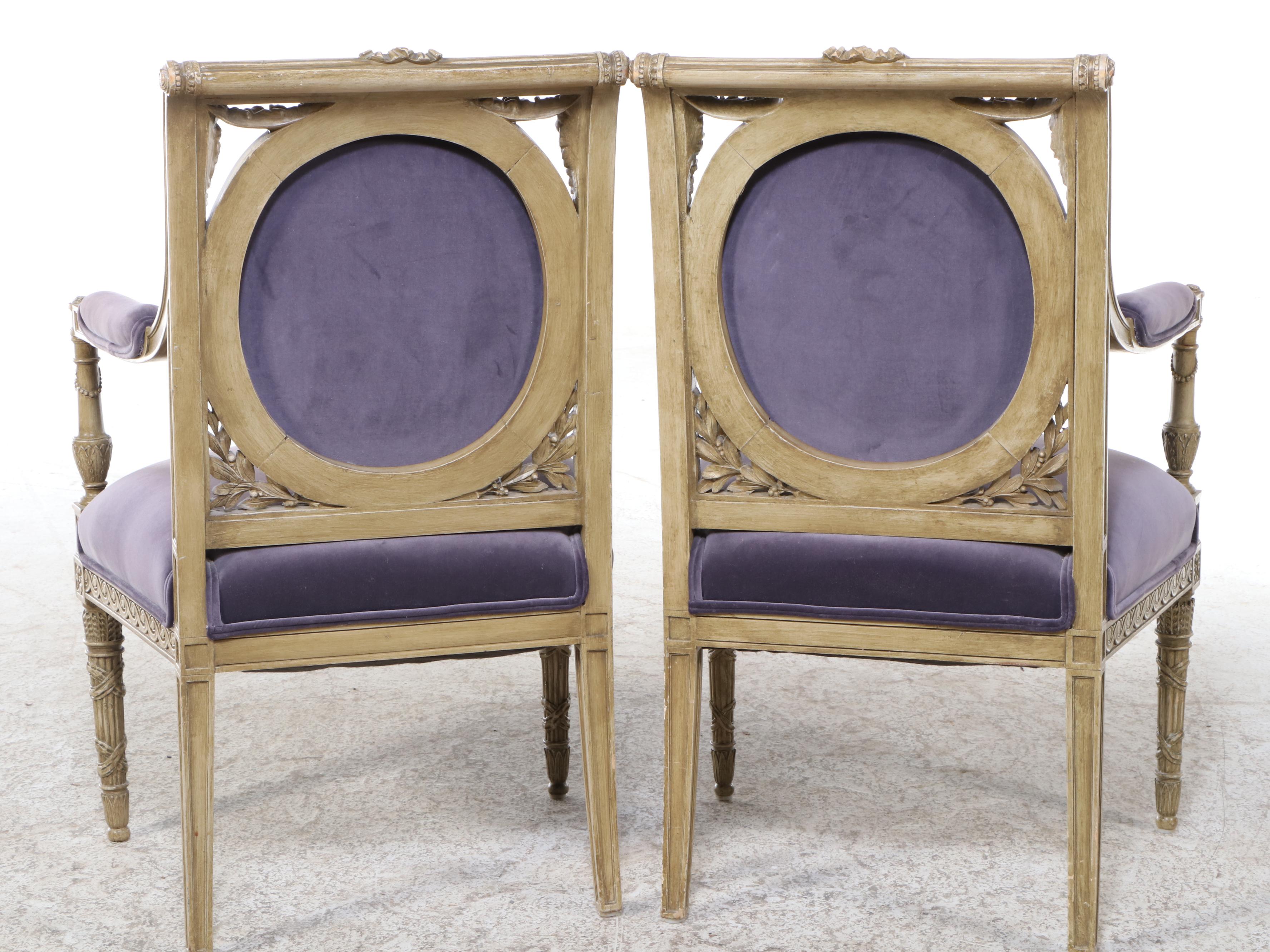 Pair of Louis XVI Style Cream-Painted and Purple Velvet Fauteuils, 20th Century