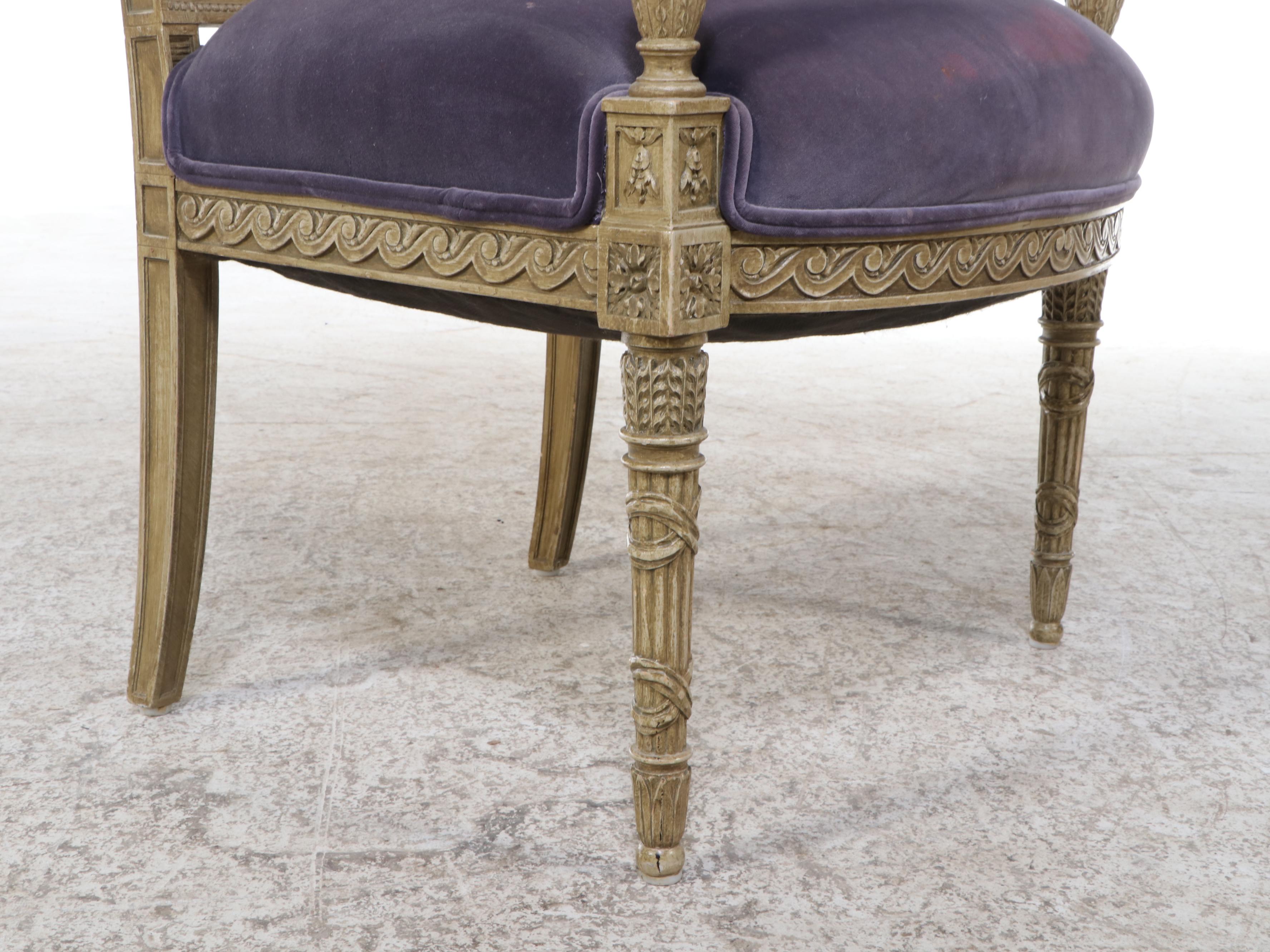 Pair of Louis XVI Style Cream-Painted and Purple Velvet Fauteuils, 20th Century