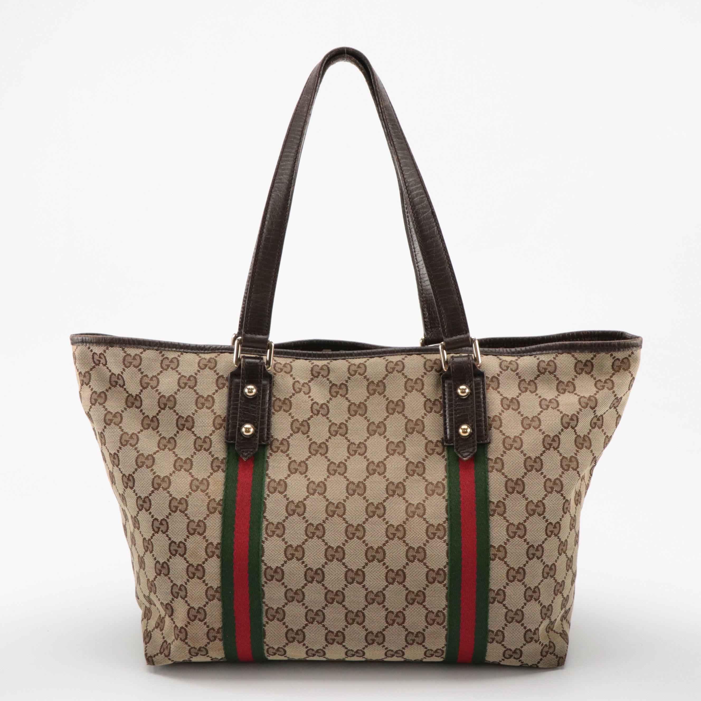 Gucci GG Canvas, Web Stripe, and Leather Sherry Line Tote Bag