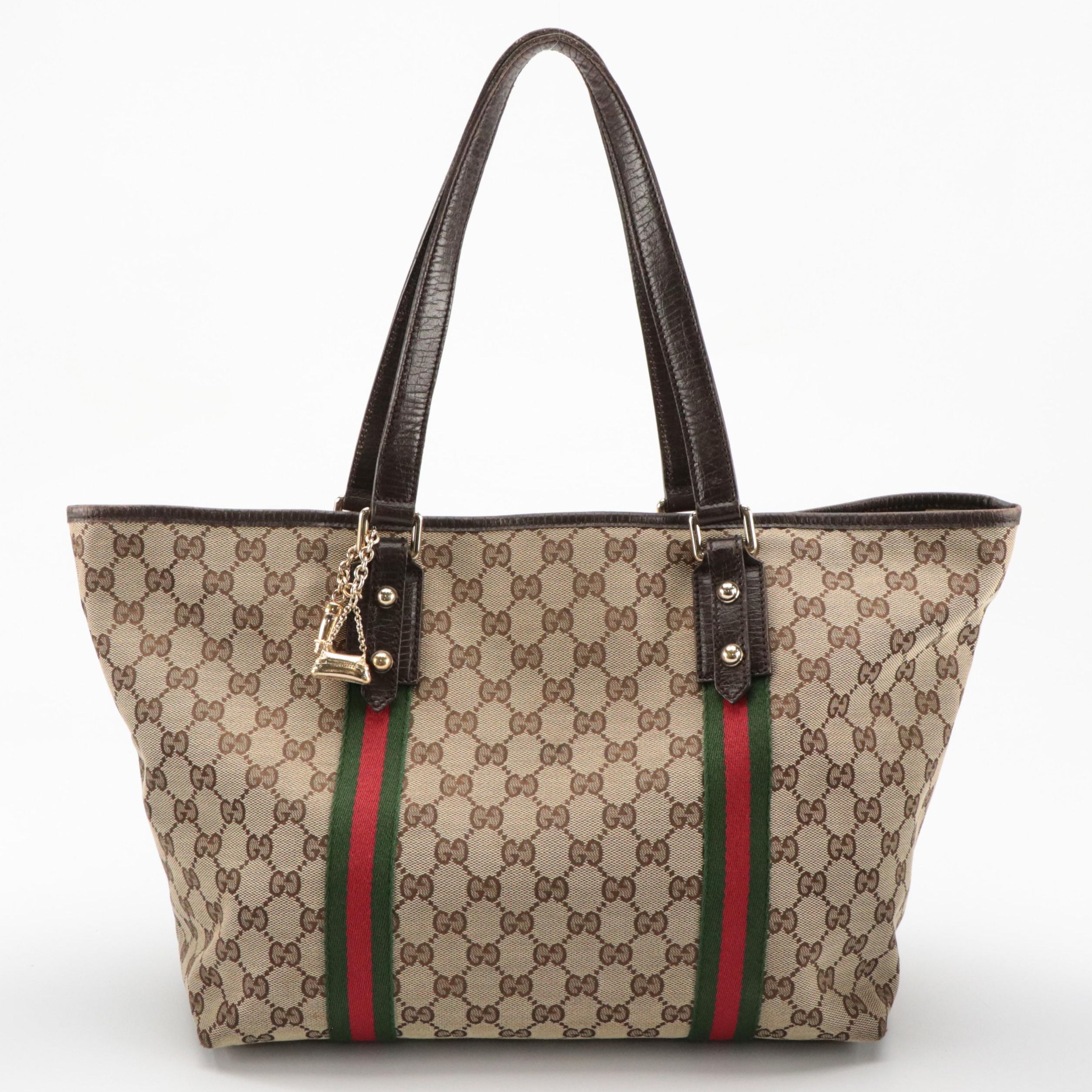 Gucci GG Canvas, Web Stripe, and Leather Sherry Line Tote Bag