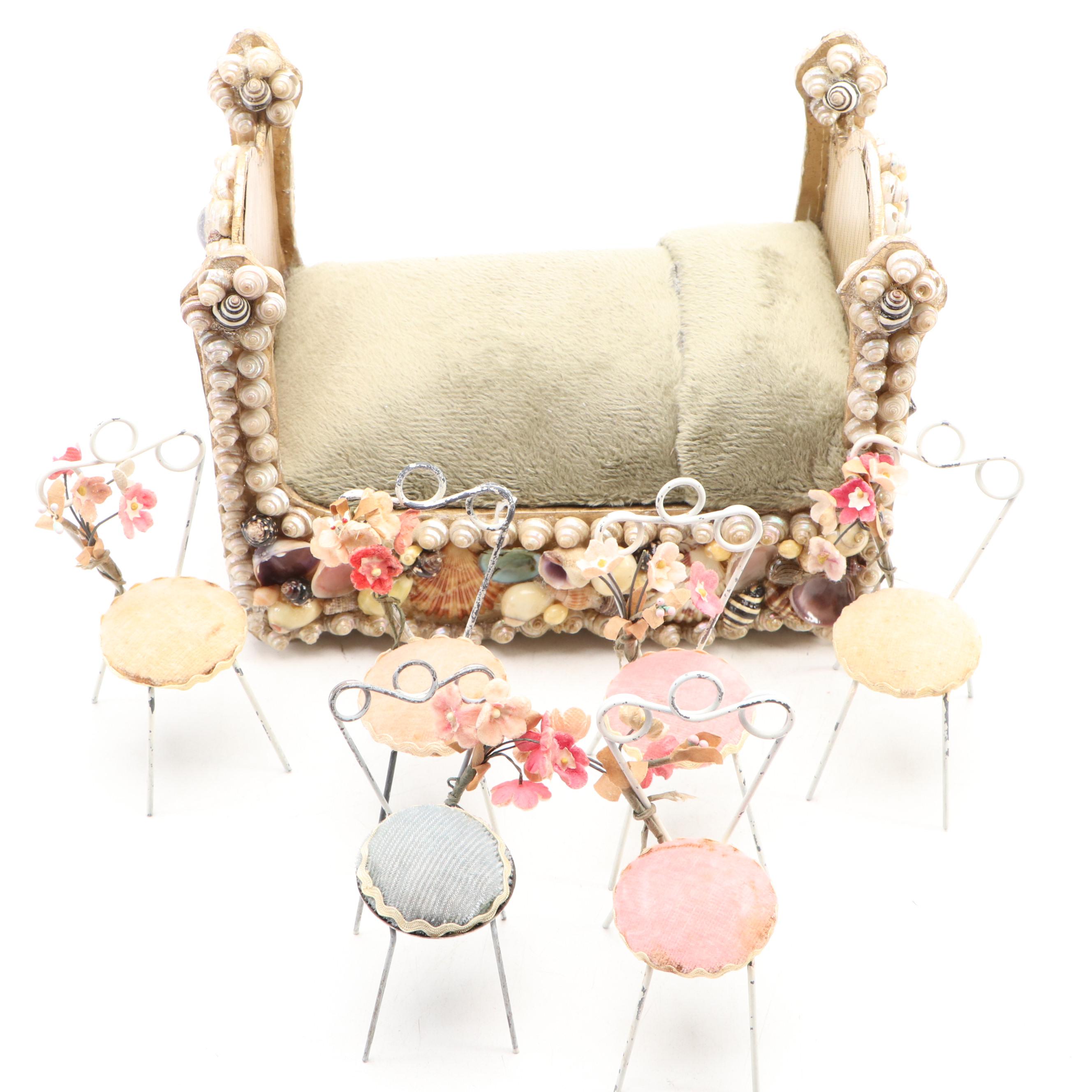Tramp Art Doll Bed with Scrap Book and Miniature Ice Cream Parlor Chairs
