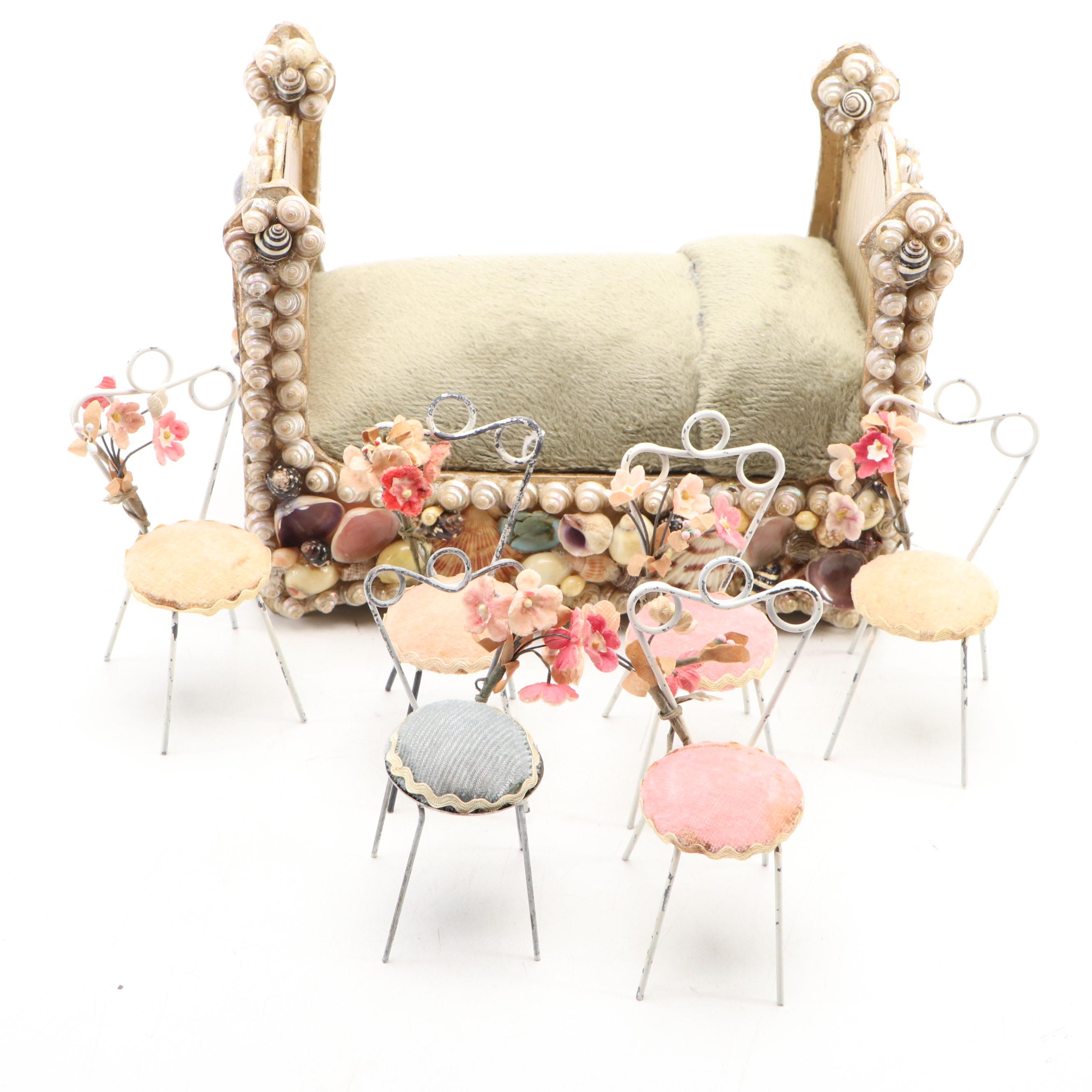Tramp Art Doll Bed with Scrap Book and Miniature Ice Cream Parlor Chairs