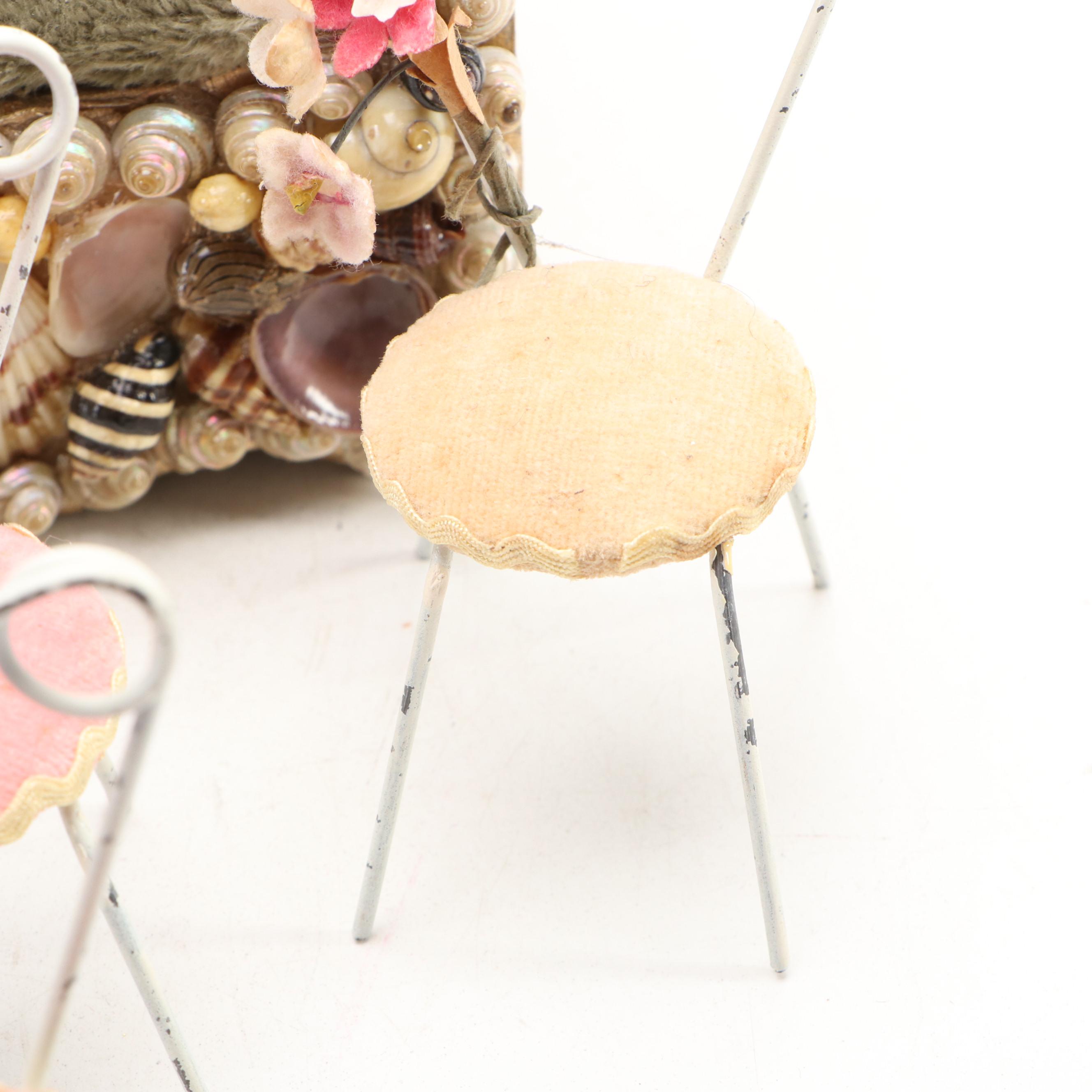 Tramp Art Doll Bed with Scrap Book and Miniature Ice Cream Parlor Chairs