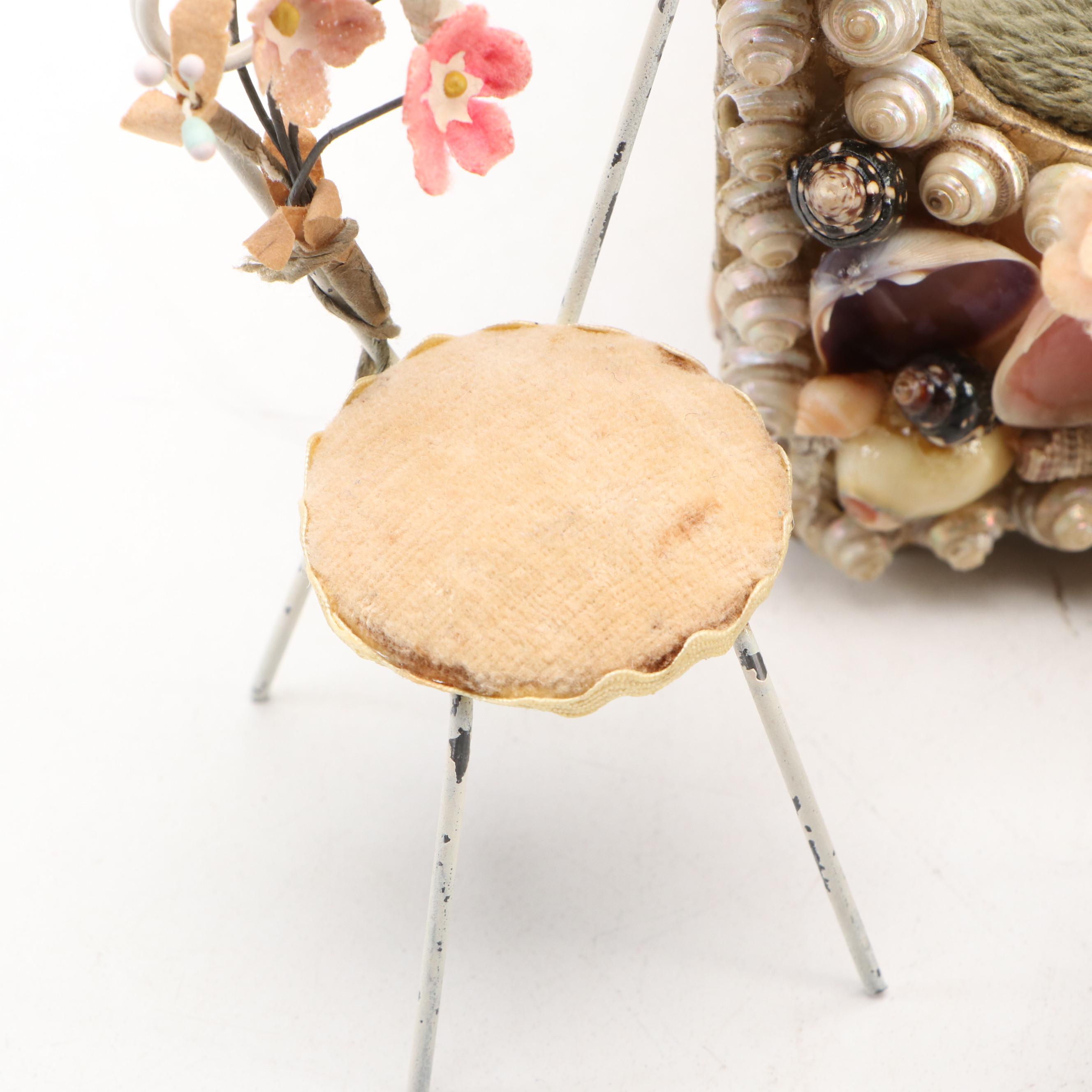 Tramp Art Doll Bed with Scrap Book and Miniature Ice Cream Parlor Chairs