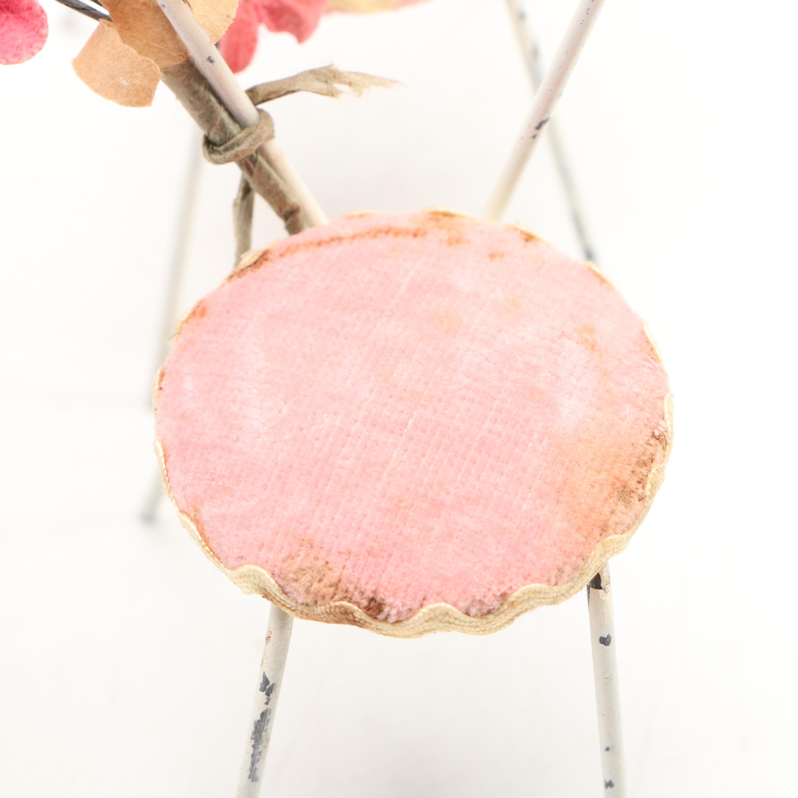 Tramp Art Doll Bed with Scrap Book and Miniature Ice Cream Parlor Chairs