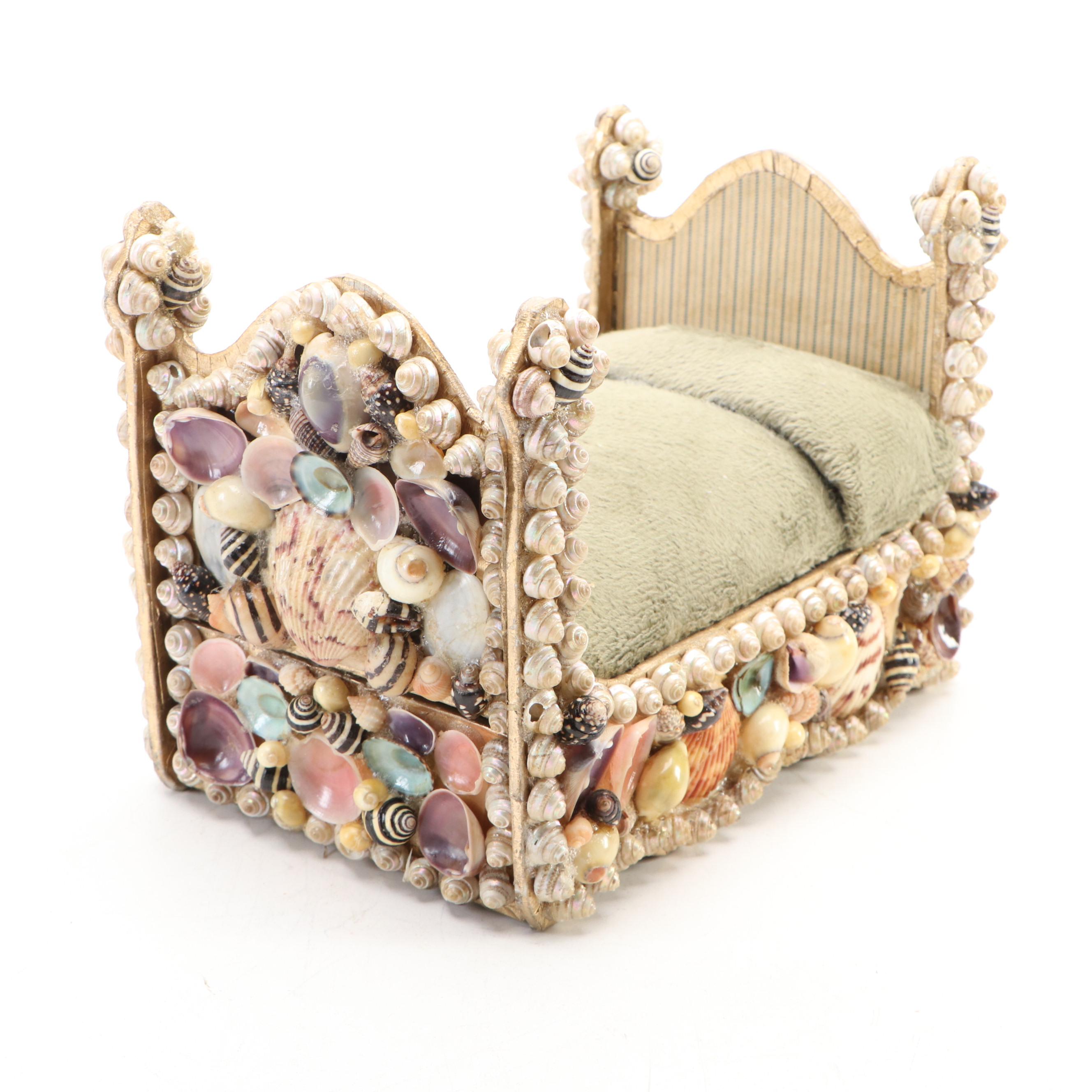 Tramp Art Doll Bed with Scrap Book and Miniature Ice Cream Parlor Chairs