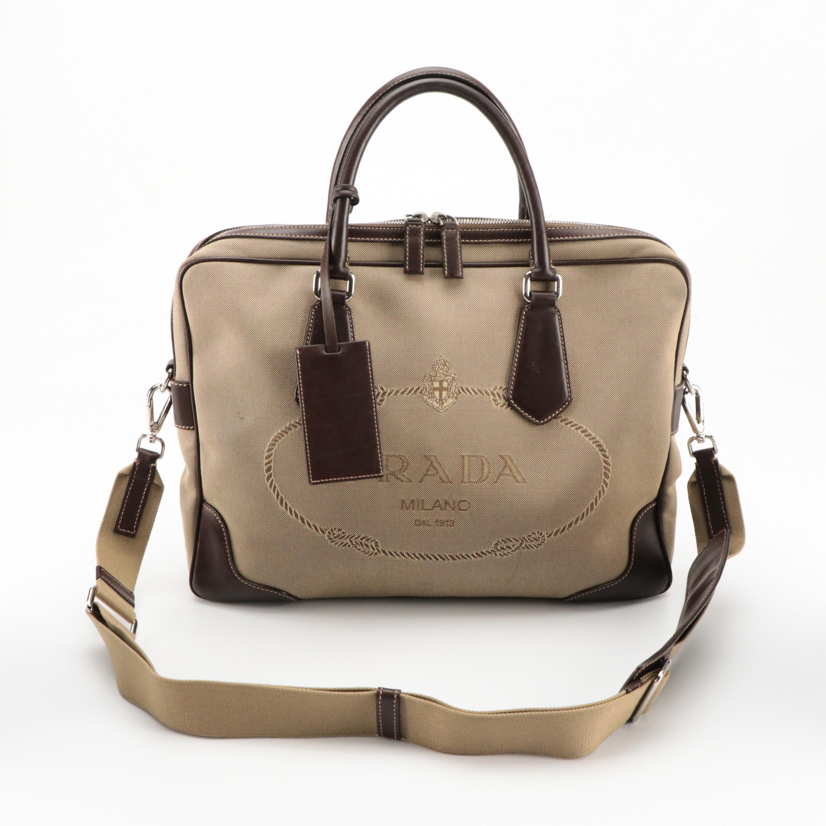 Prada Two-Way Business Bag in Beige Canapa Logo Canvas and Brown Leather Trim