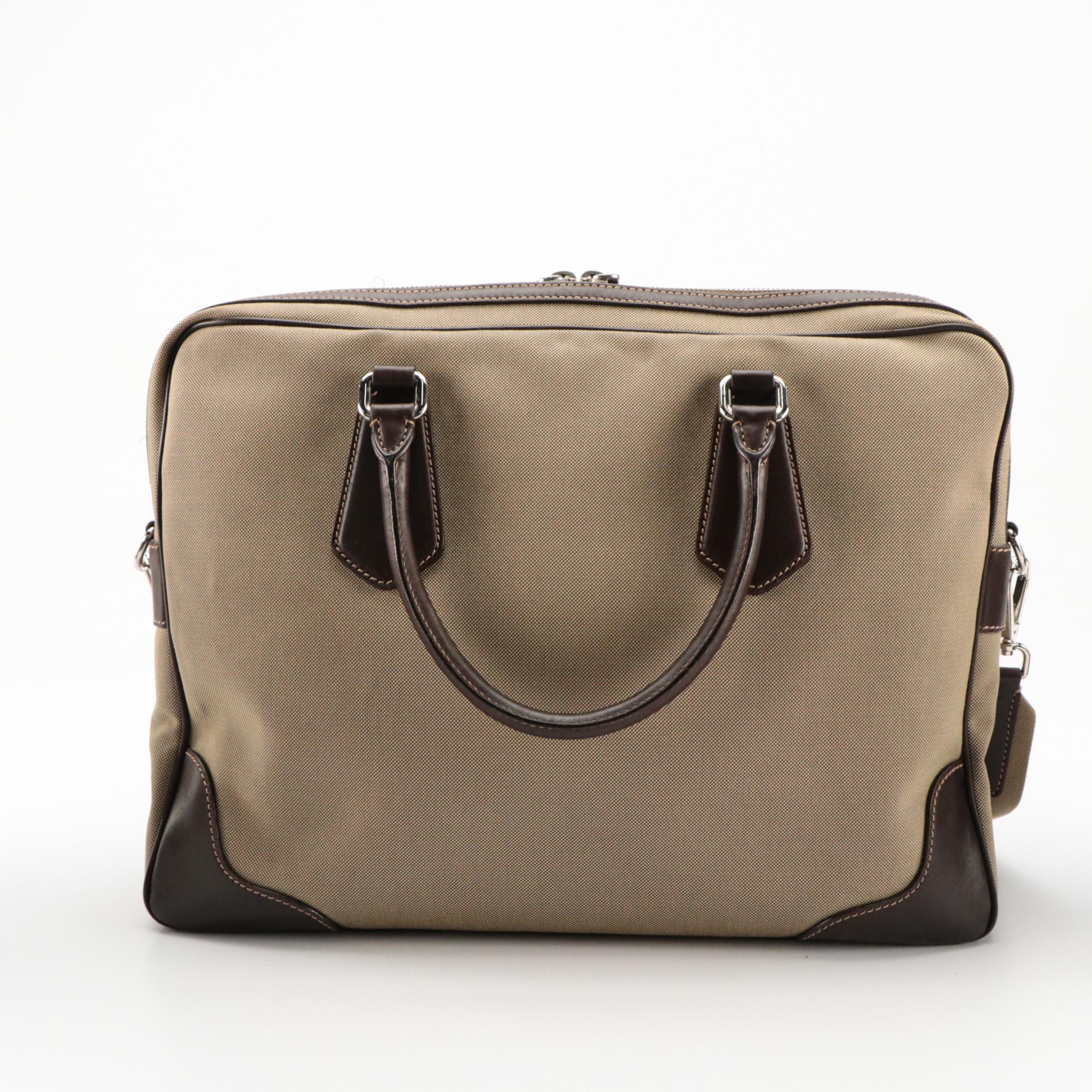 Prada Two-Way Business Bag in Beige Canapa Logo Canvas and Brown Leather Trim