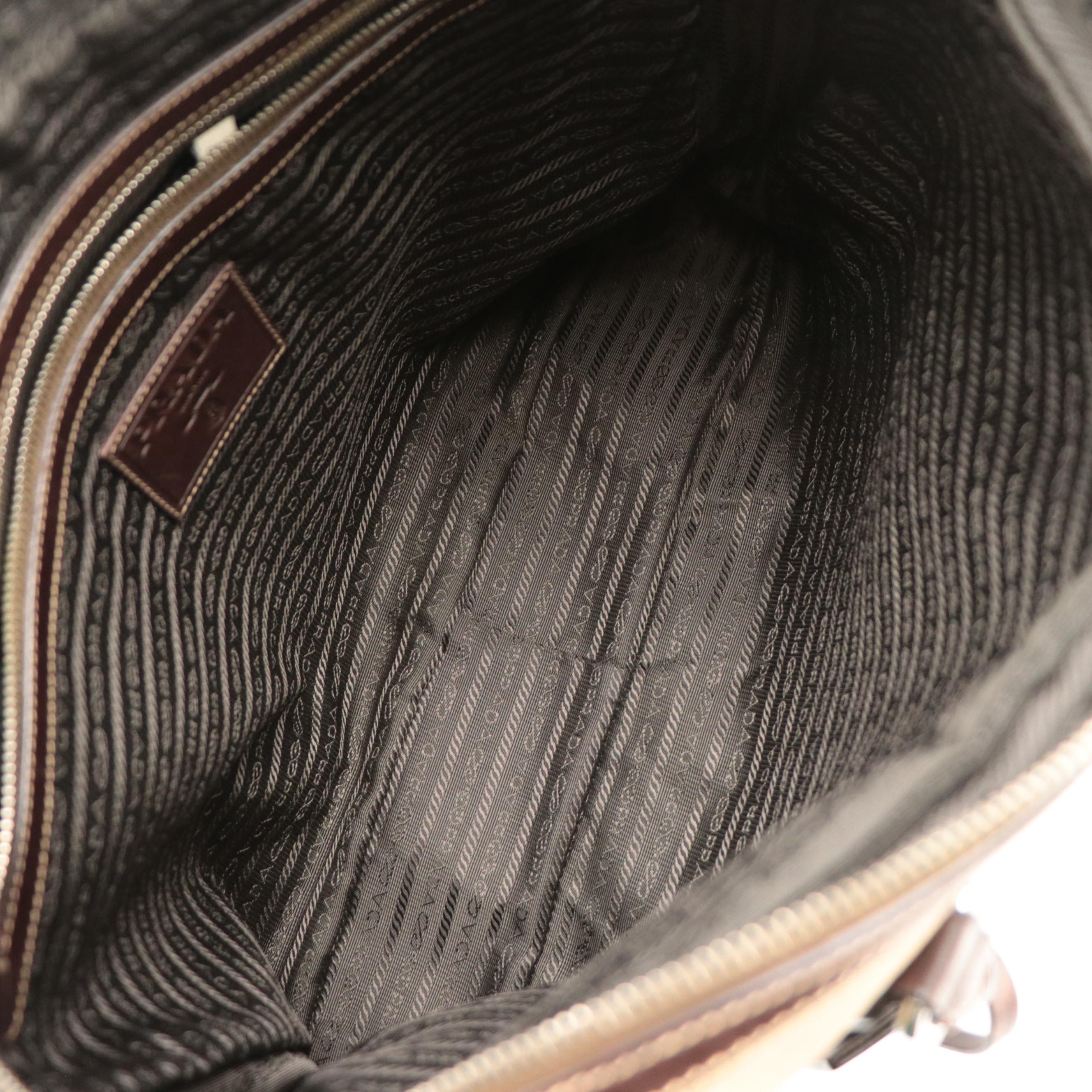 Prada Two-Way Business Bag in Beige Canapa Logo Canvas and Brown Leather Trim