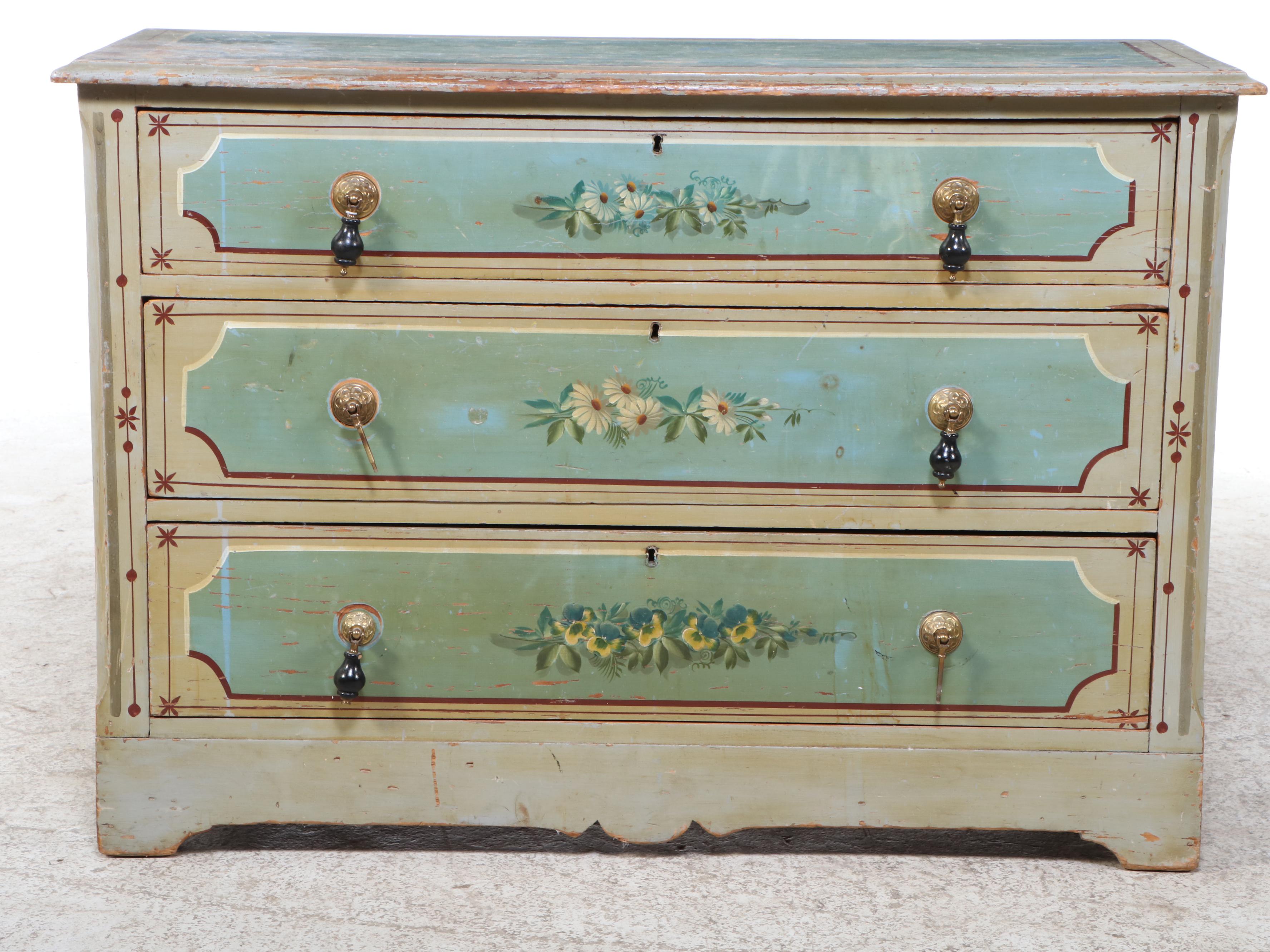 Victorian Paint-Decorated Pine Three-Drawer "Cottage" Chest, Late 19th Century