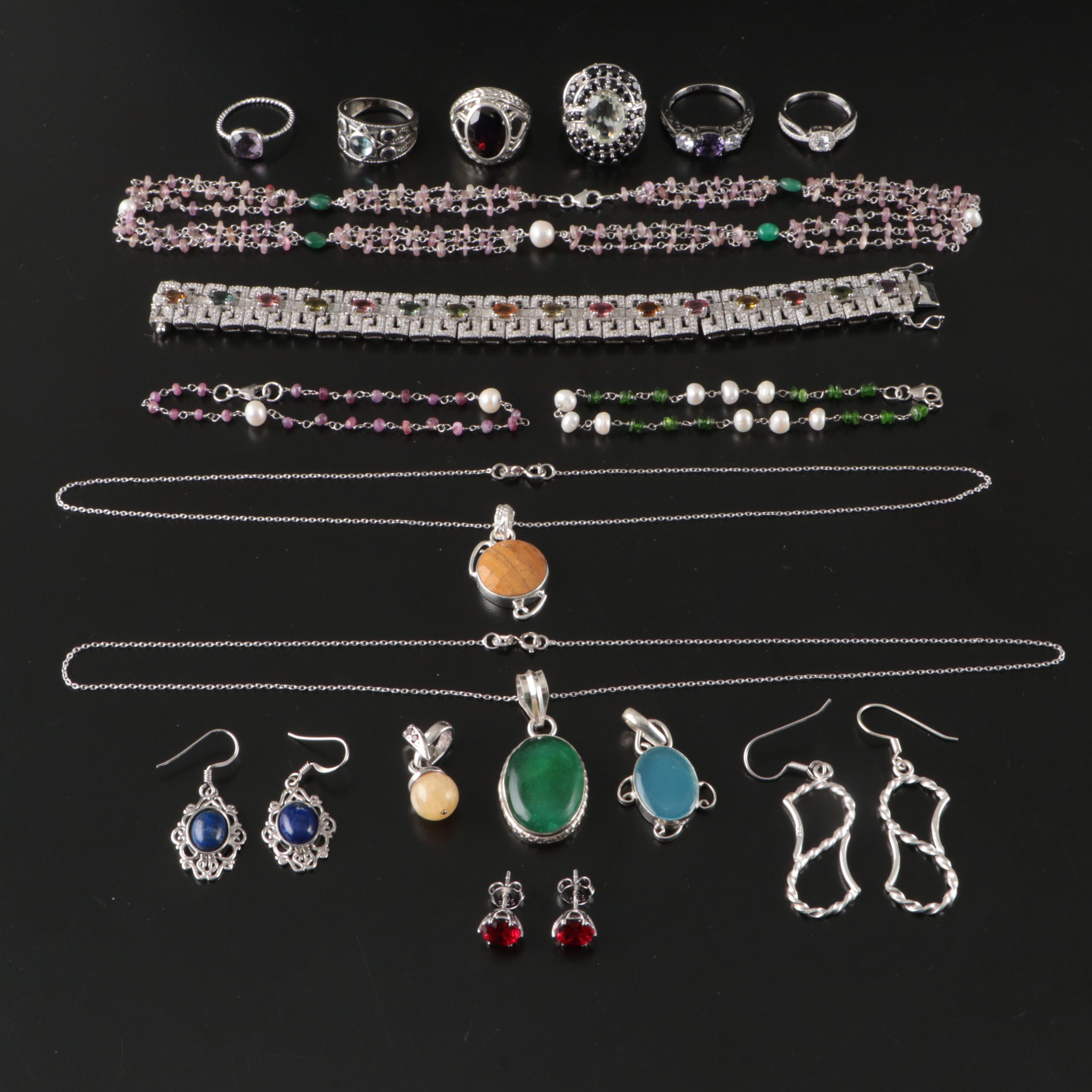 17 Assorted Sterling Silver Bracelets, Earrings, Necklaces, Pendants, and Rings