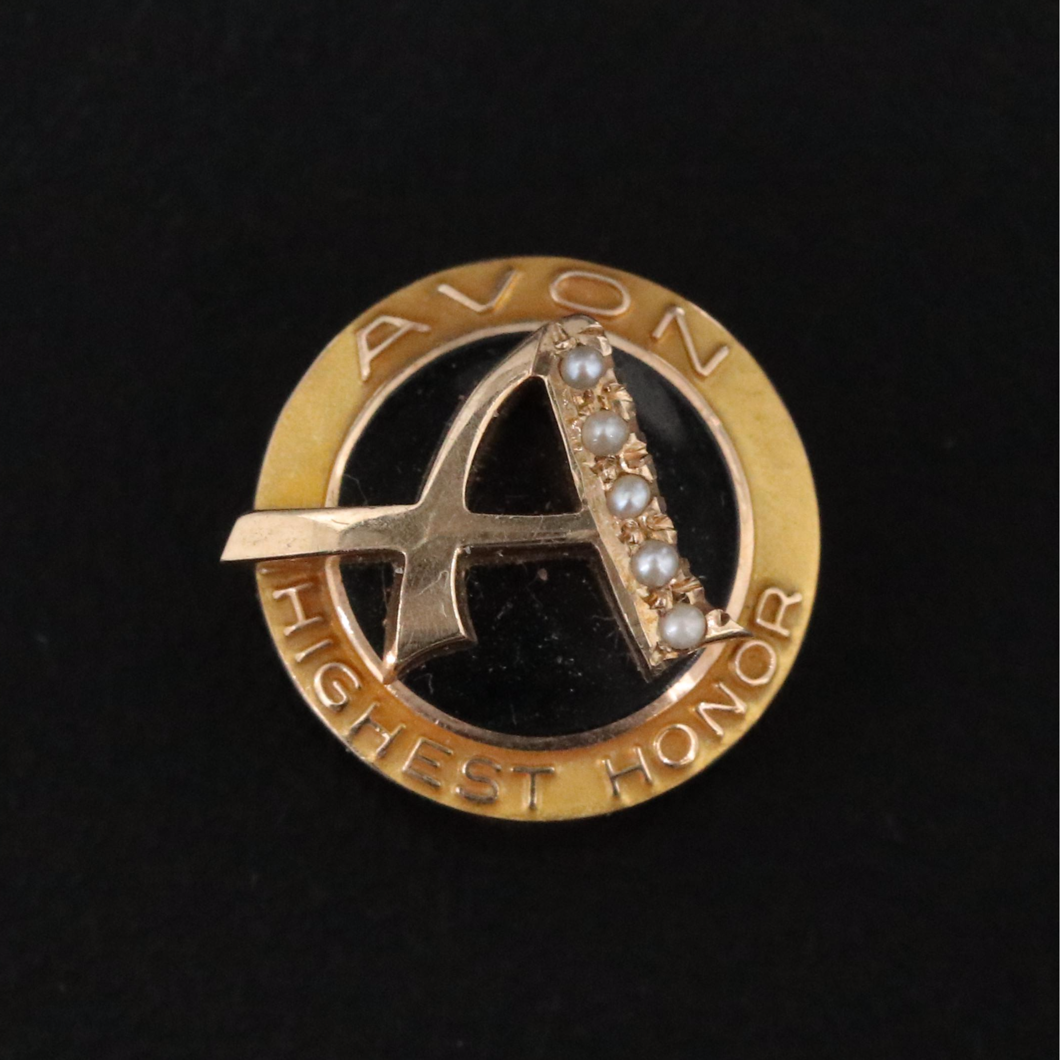 Vintage Avon 10K Black Onyx and Pearl Award Pin