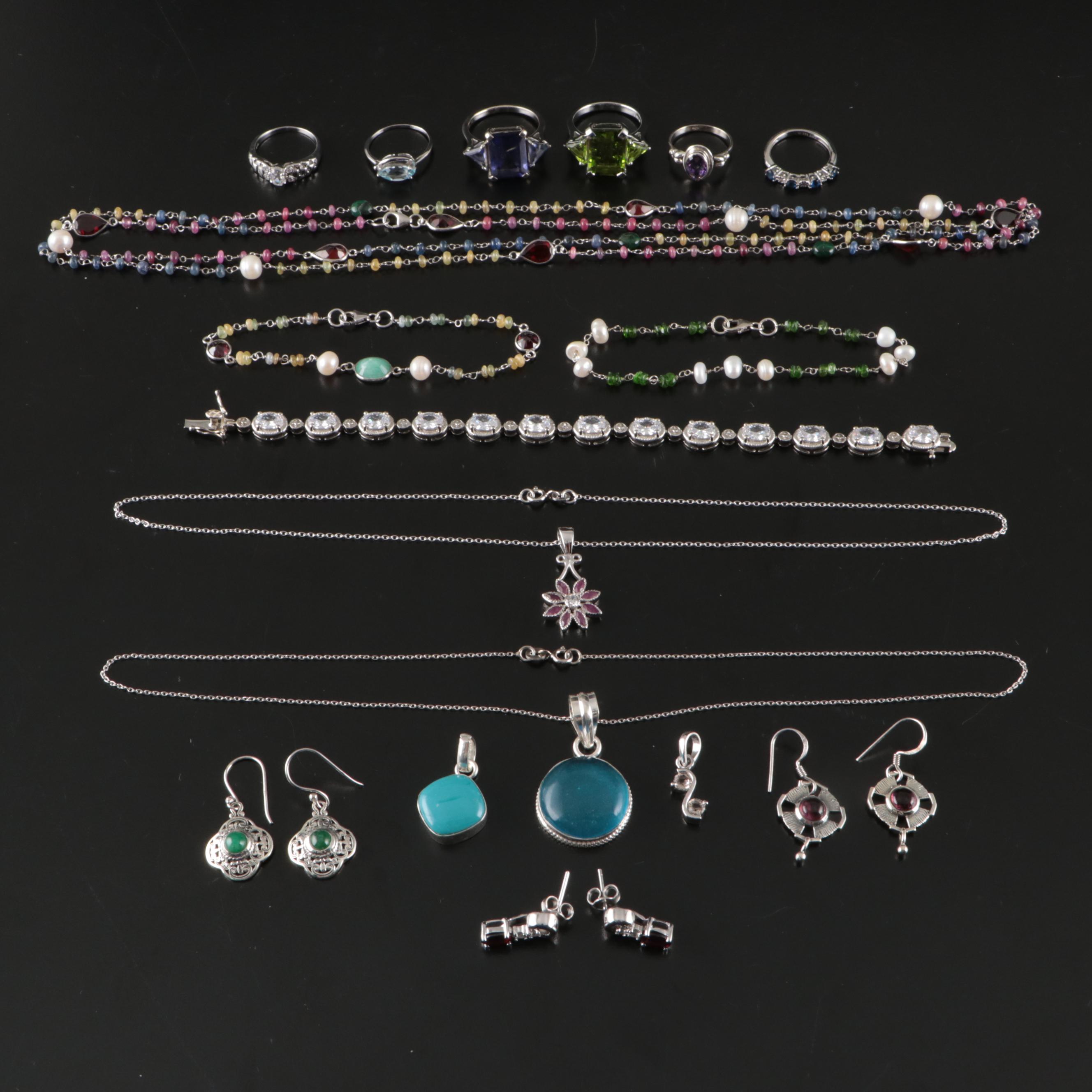 17 Assorted Sterling Silver Bracelets, Earrings, Necklaces, Pendants, and Rings