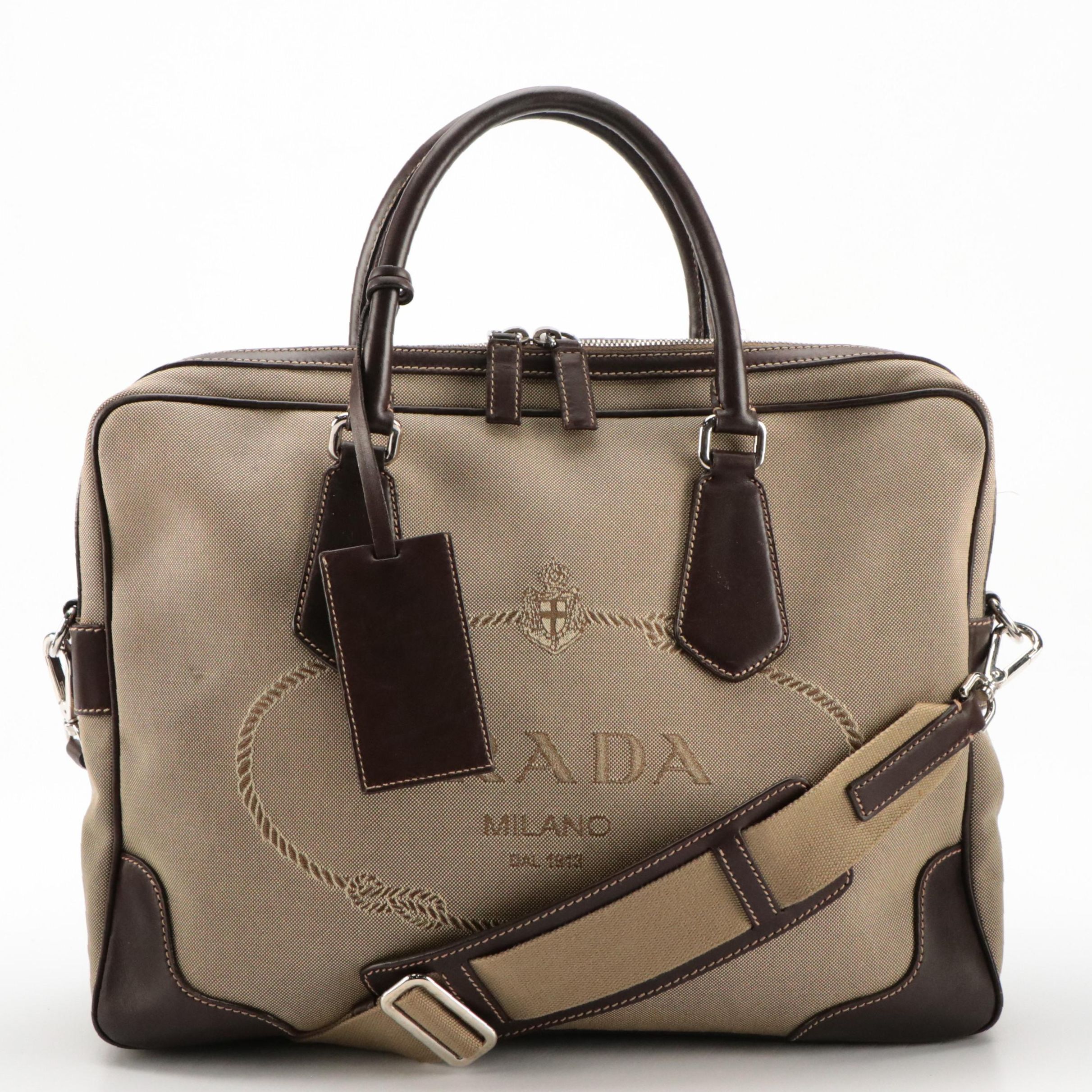 Prada Two-Way Business Bag in Beige Canapa Logo Canvas and Brown Leather Trim
