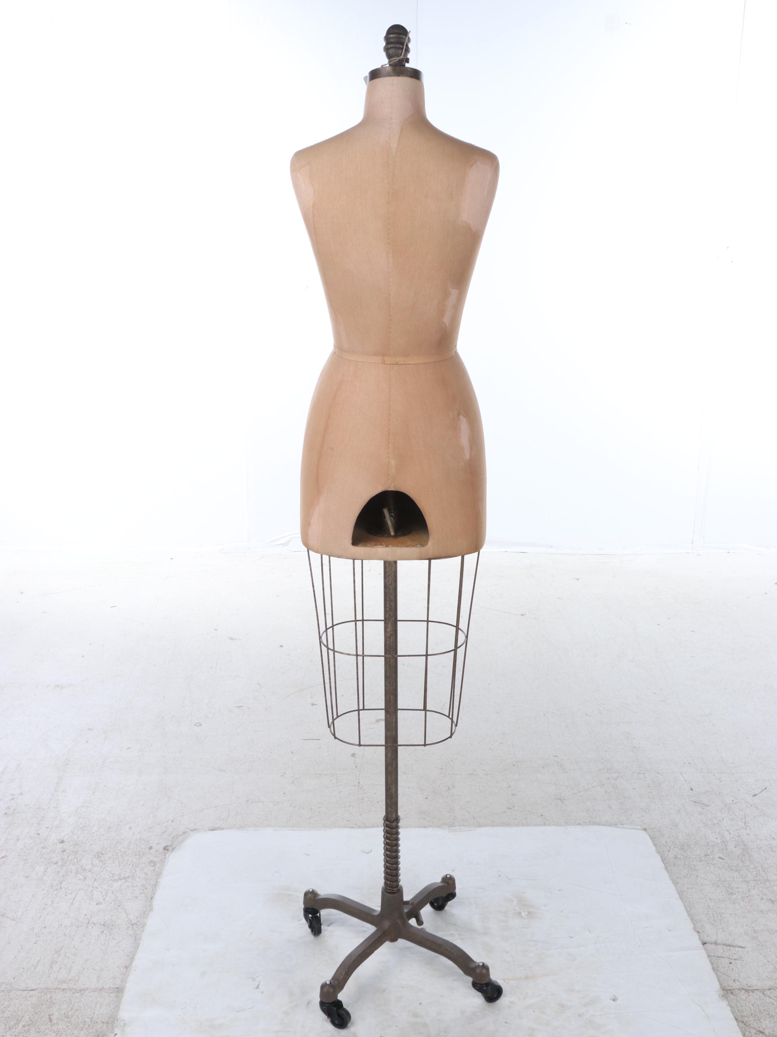 Metal and Fabric Wheeled Dress Form Mannequin, Early to Mid-20th Century