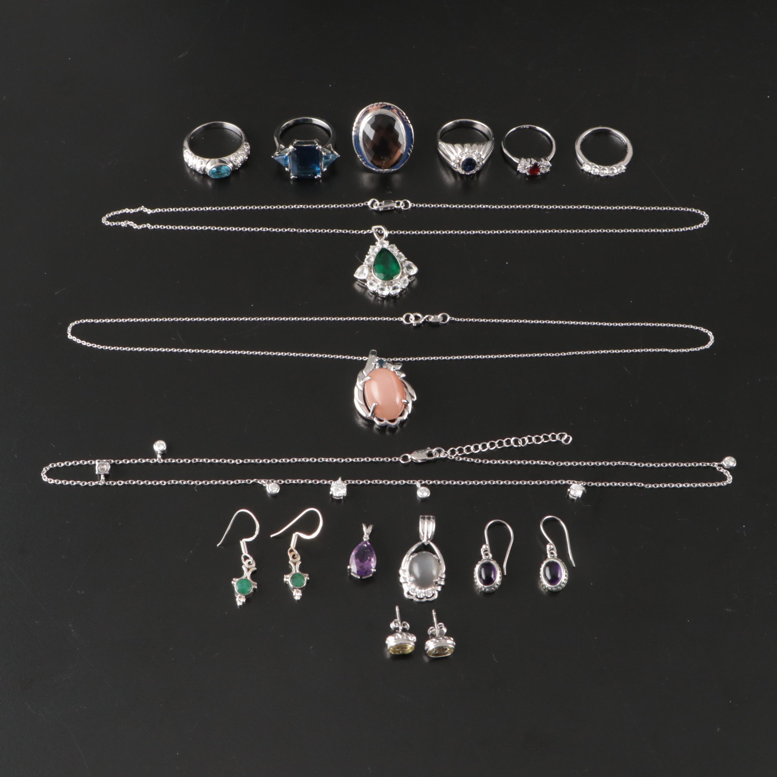 Group of 14 Assorted Sterling Silver Rings, Necklaces, Earrings, and Pendants