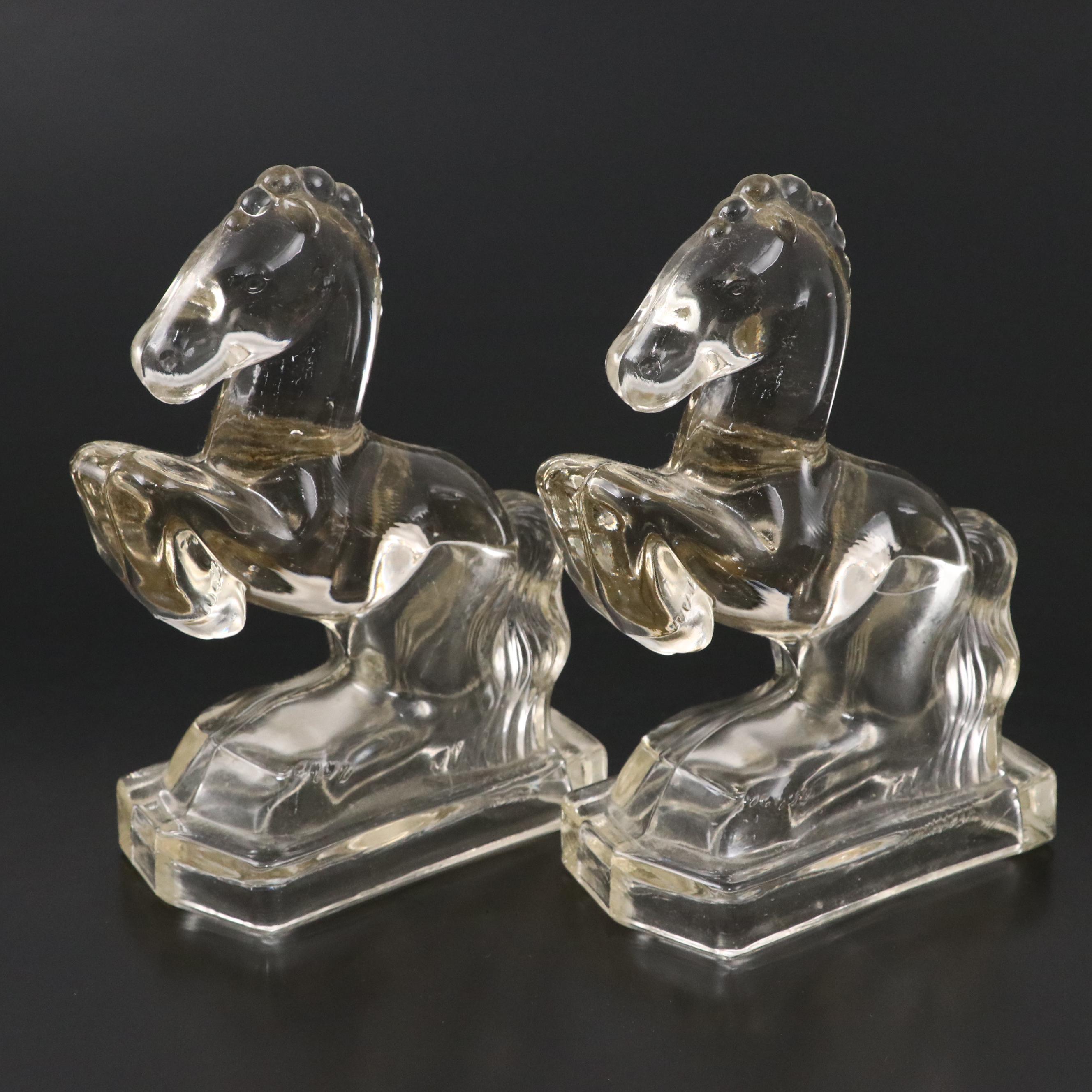 L.E.  Smith Art Deco Style Rearing Horse Glass Bookends