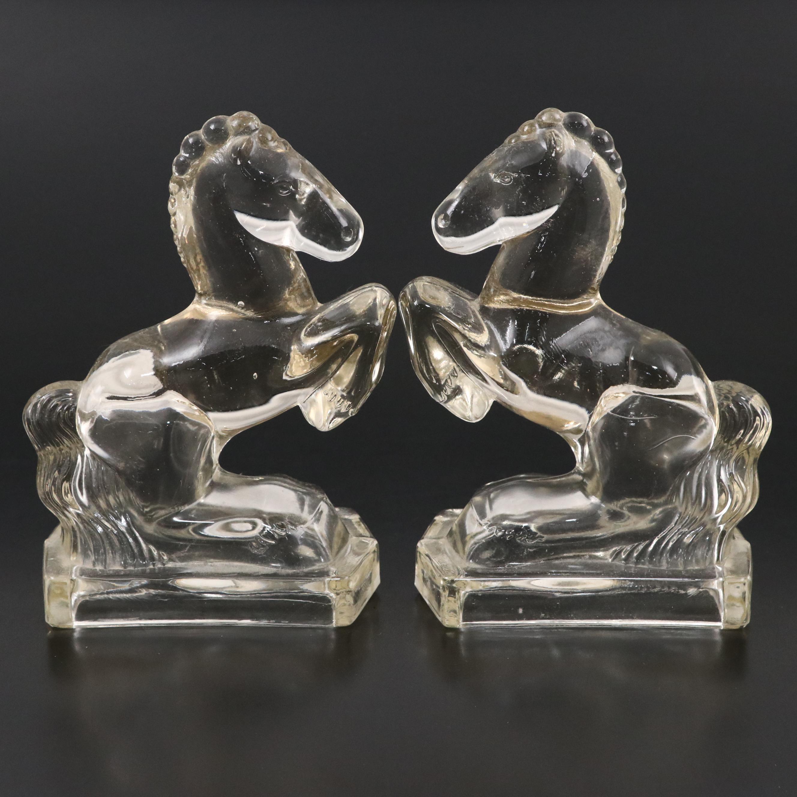 L.E.  Smith Art Deco Style Rearing Horse Glass Bookends