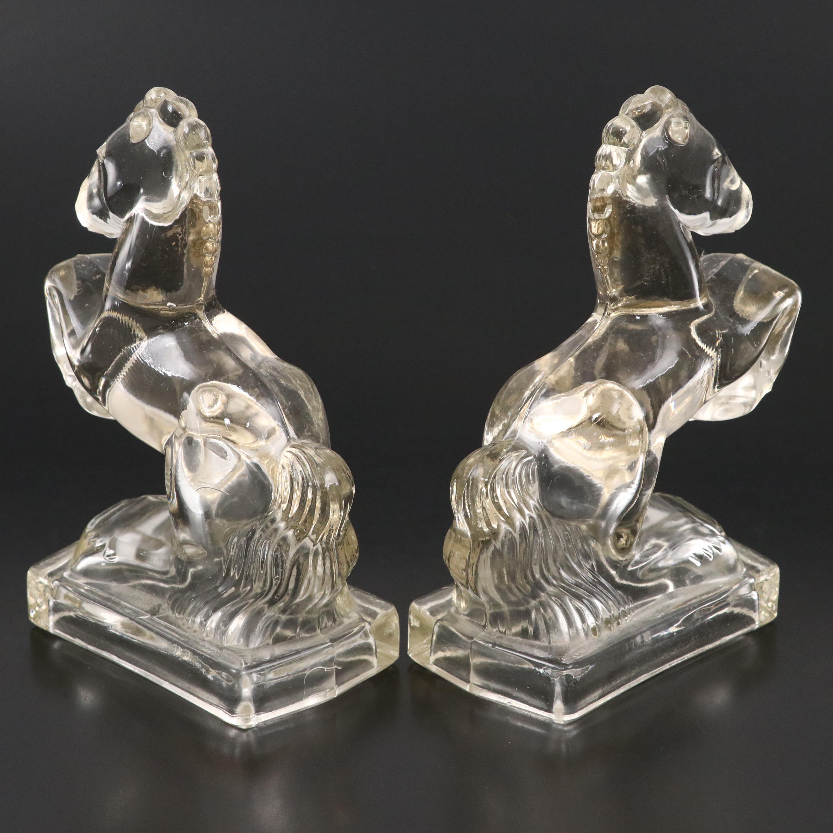 L.E.  Smith Art Deco Style Rearing Horse Glass Bookends