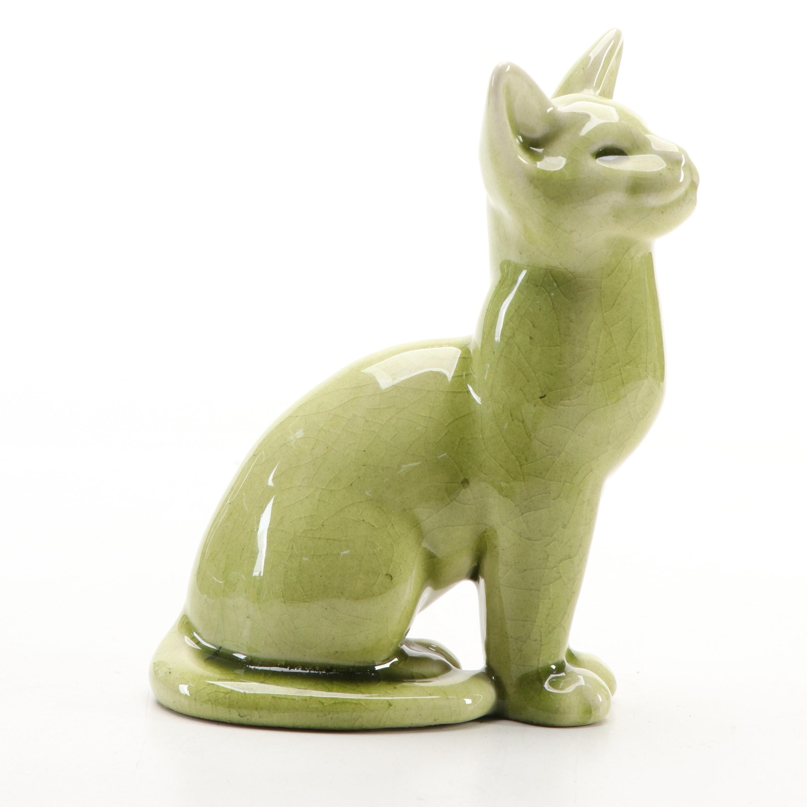 Rookwood Ceramic Green Glazed Cat Figurine