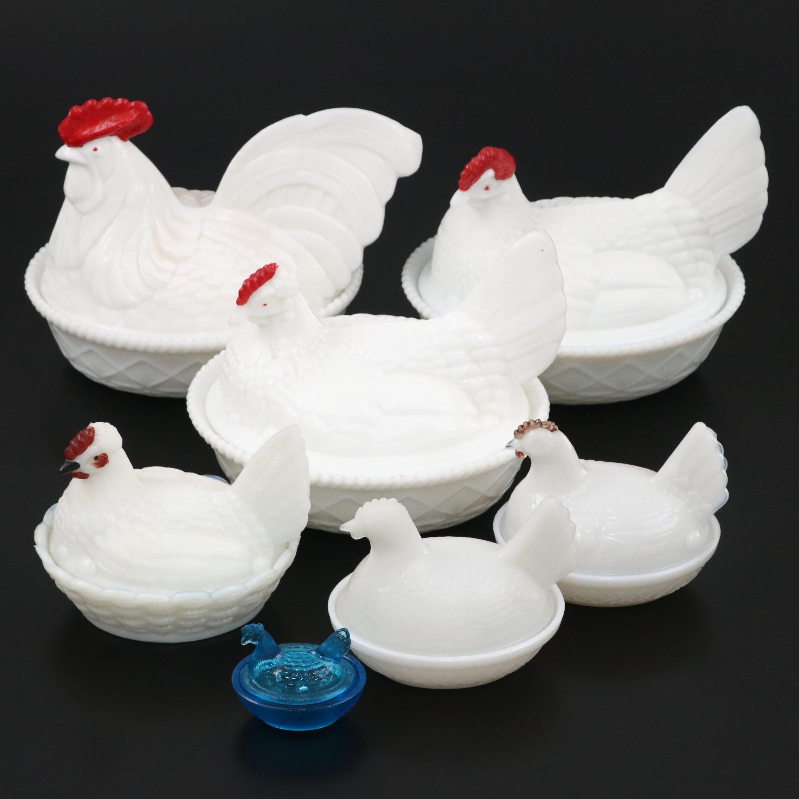 Milk Glass and Blue Glass Rooster Lidded Bowls