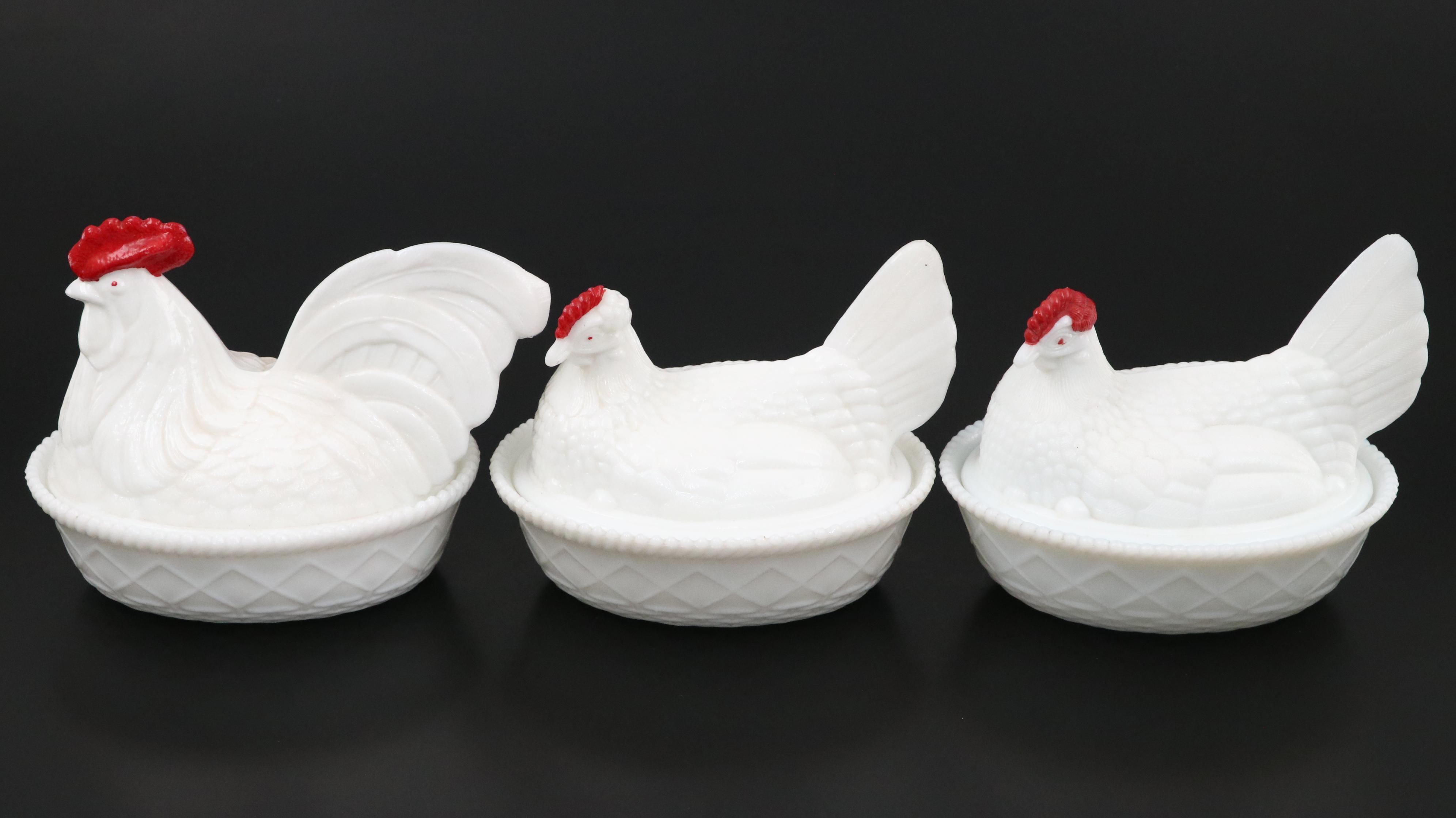 Milk Glass and Blue Glass Rooster Lidded Bowls