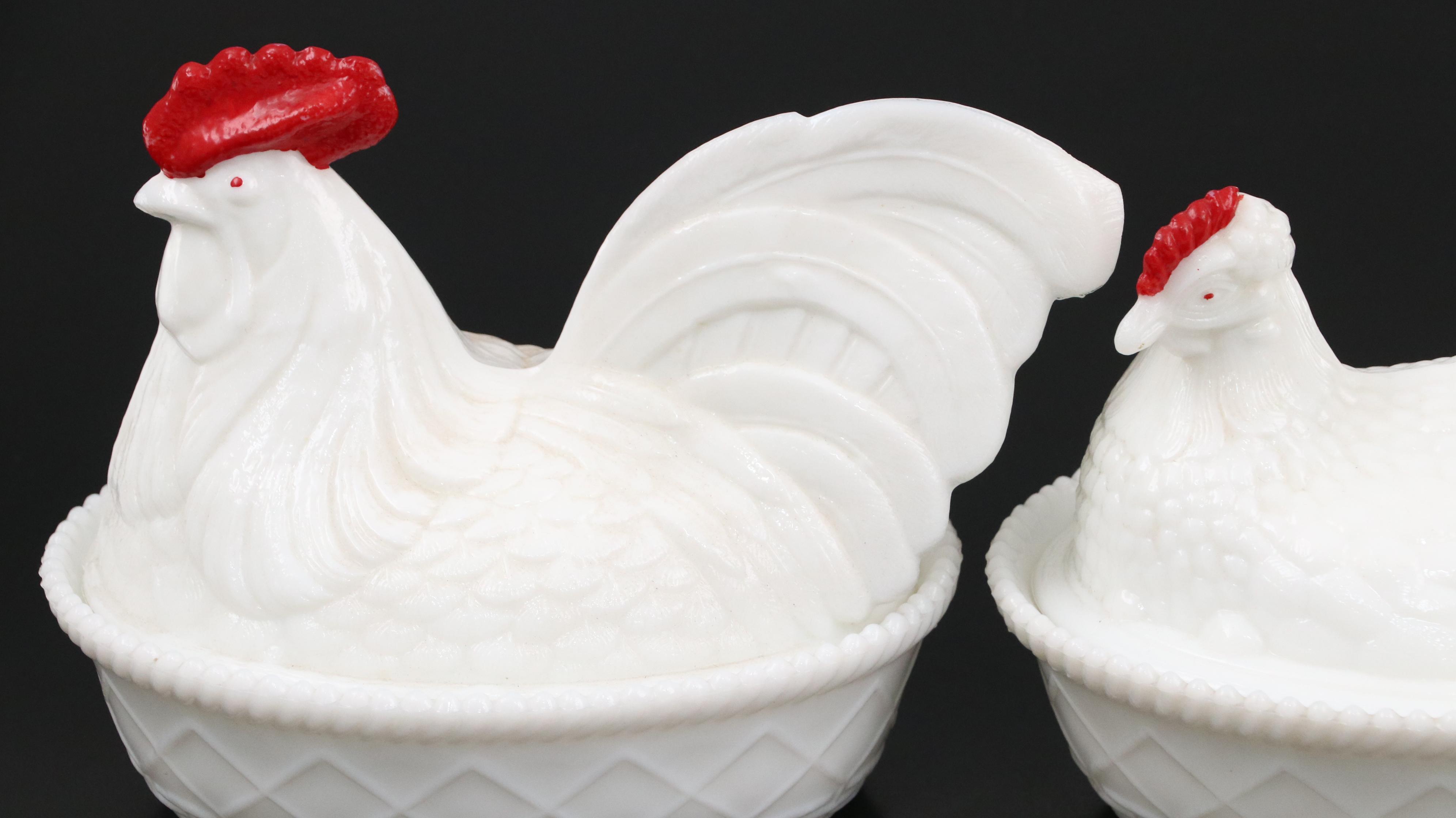 Milk Glass and Blue Glass Rooster Lidded Bowls