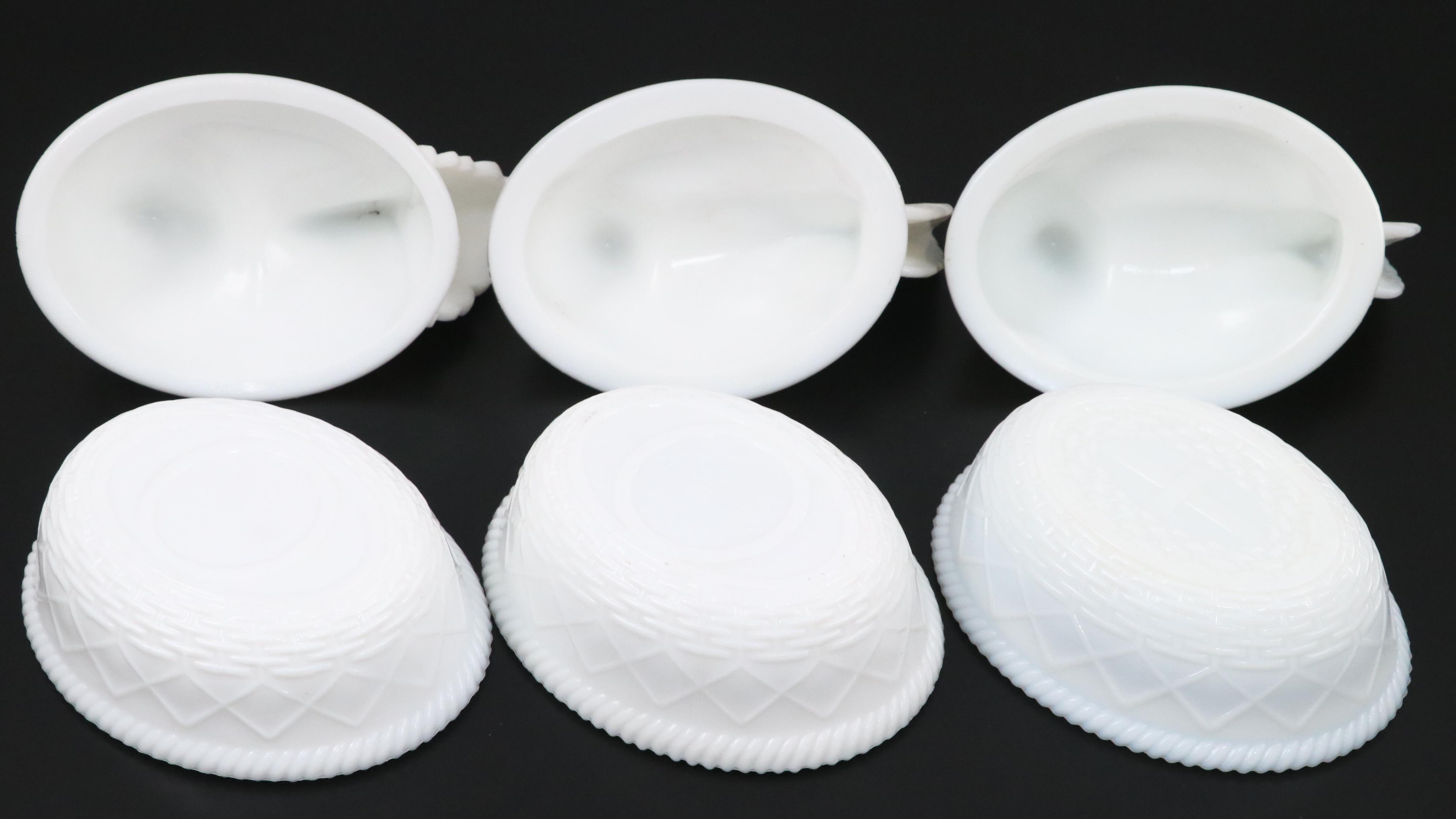 Milk Glass and Blue Glass Rooster Lidded Bowls