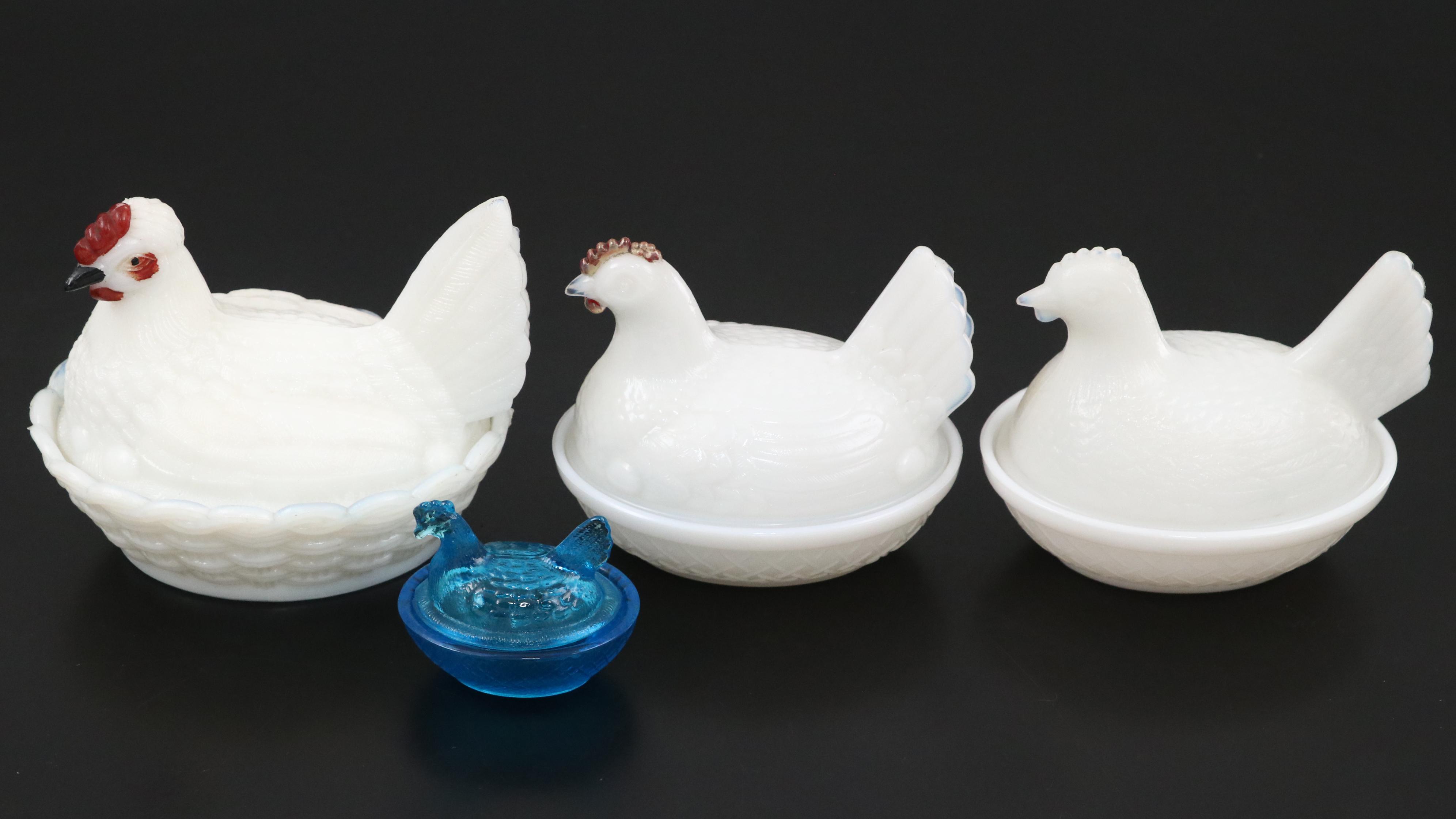 Milk Glass and Blue Glass Rooster Lidded Bowls
