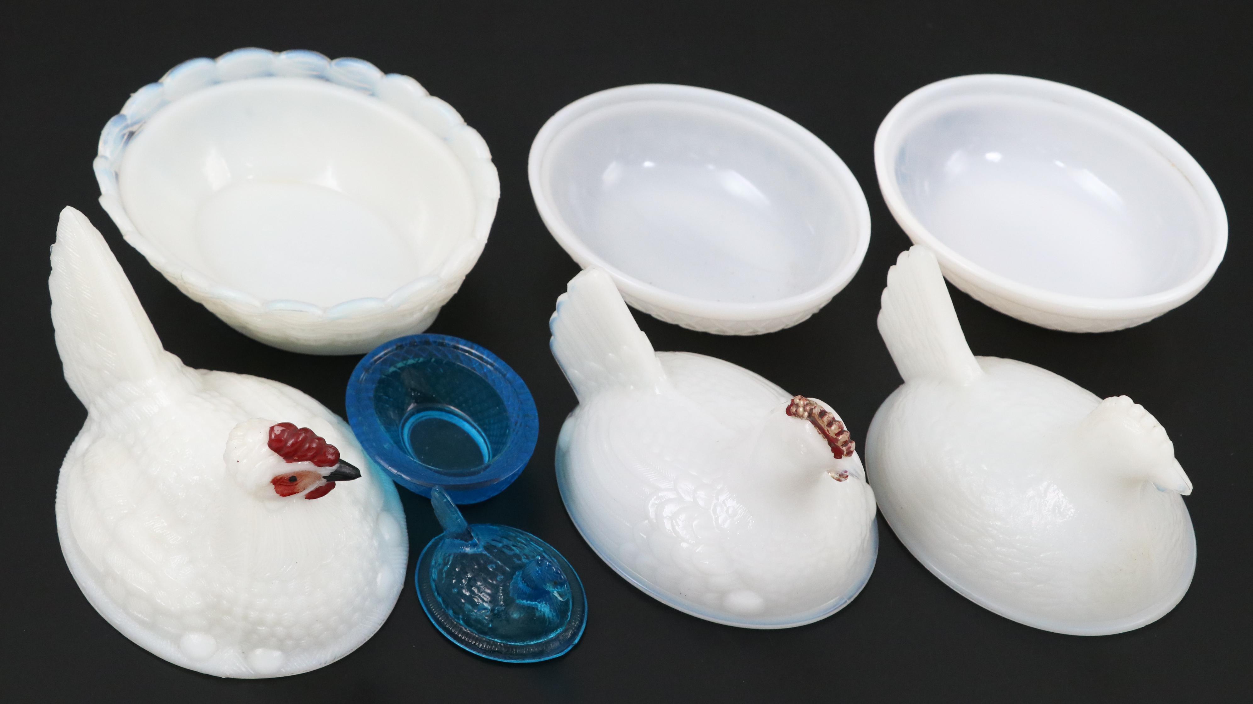Milk Glass and Blue Glass Rooster Lidded Bowls