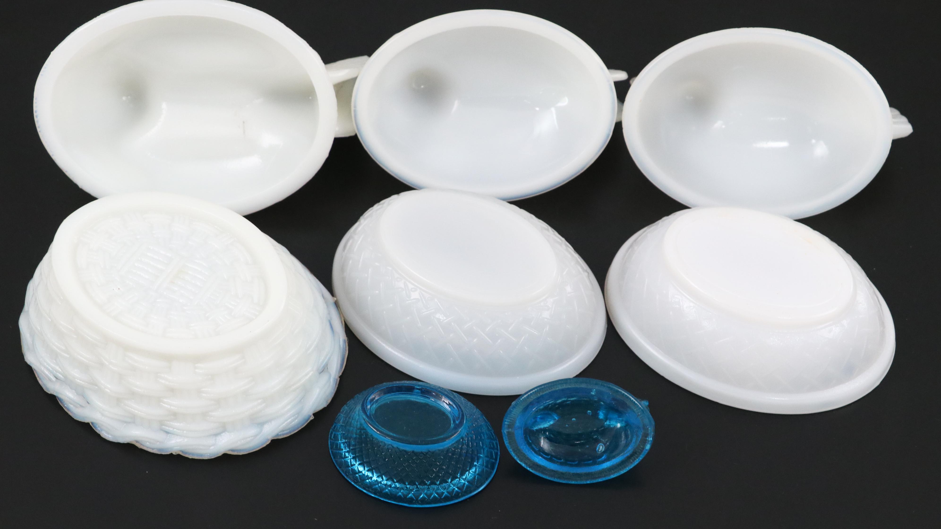 Milk Glass and Blue Glass Rooster Lidded Bowls