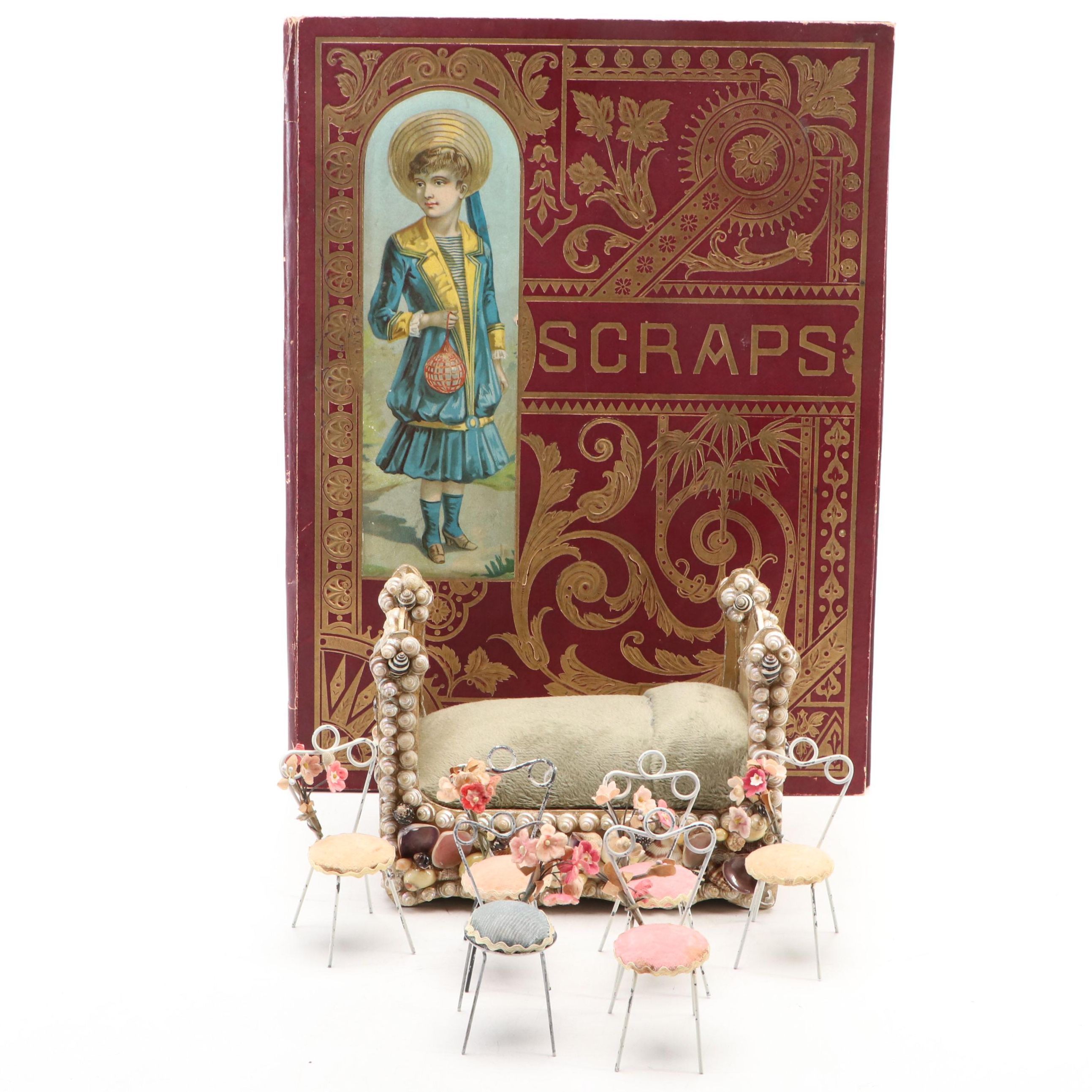 Tramp Art Doll Bed with Scrap Book and Miniature Ice Cream Parlor Chairs