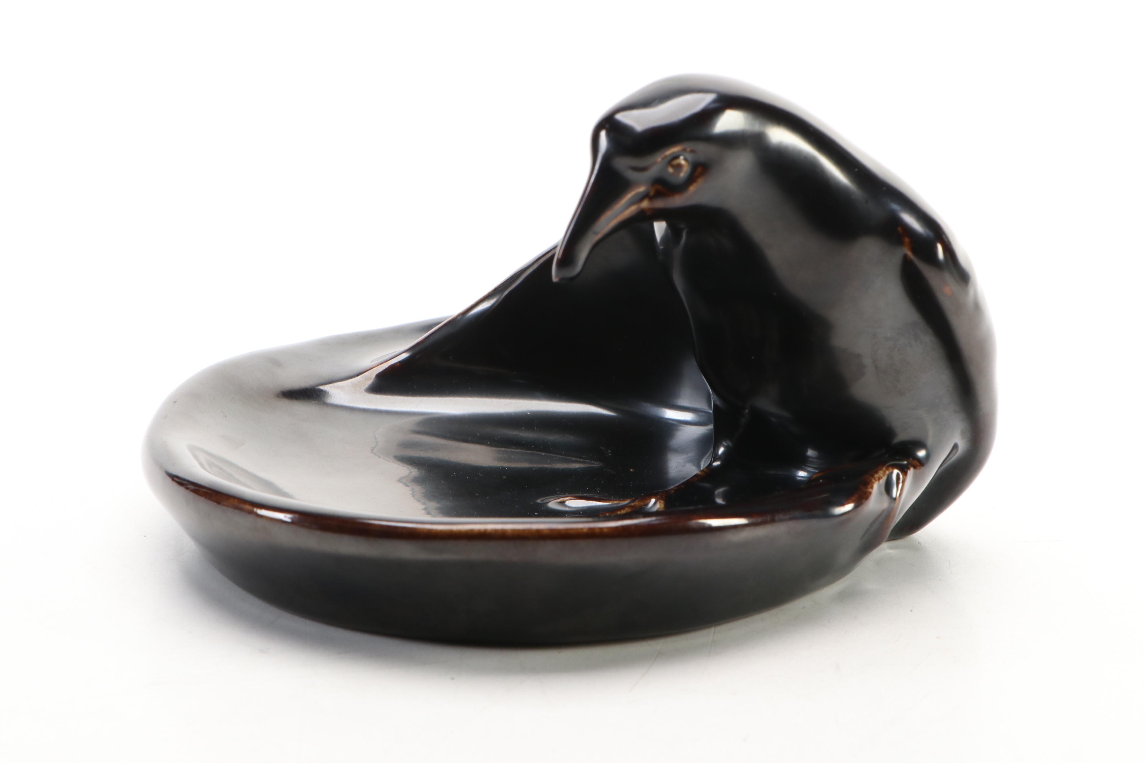 Rookwood Pottery Ceramic Ashtray with Raven, Mid-20th Century
