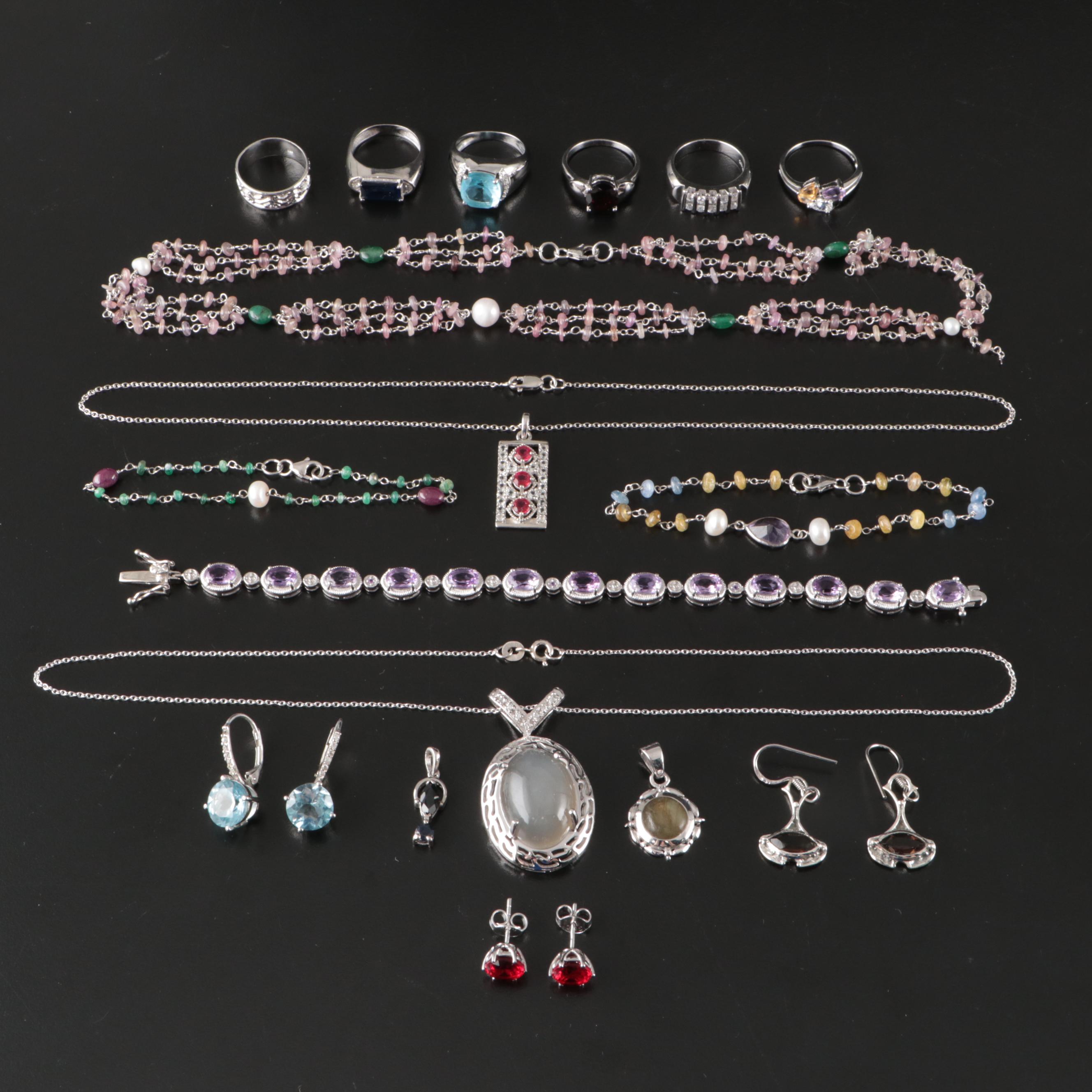 17 Assorted Sterling Silver Bracelets, Earrings, Necklaces, Pendants, and Rings