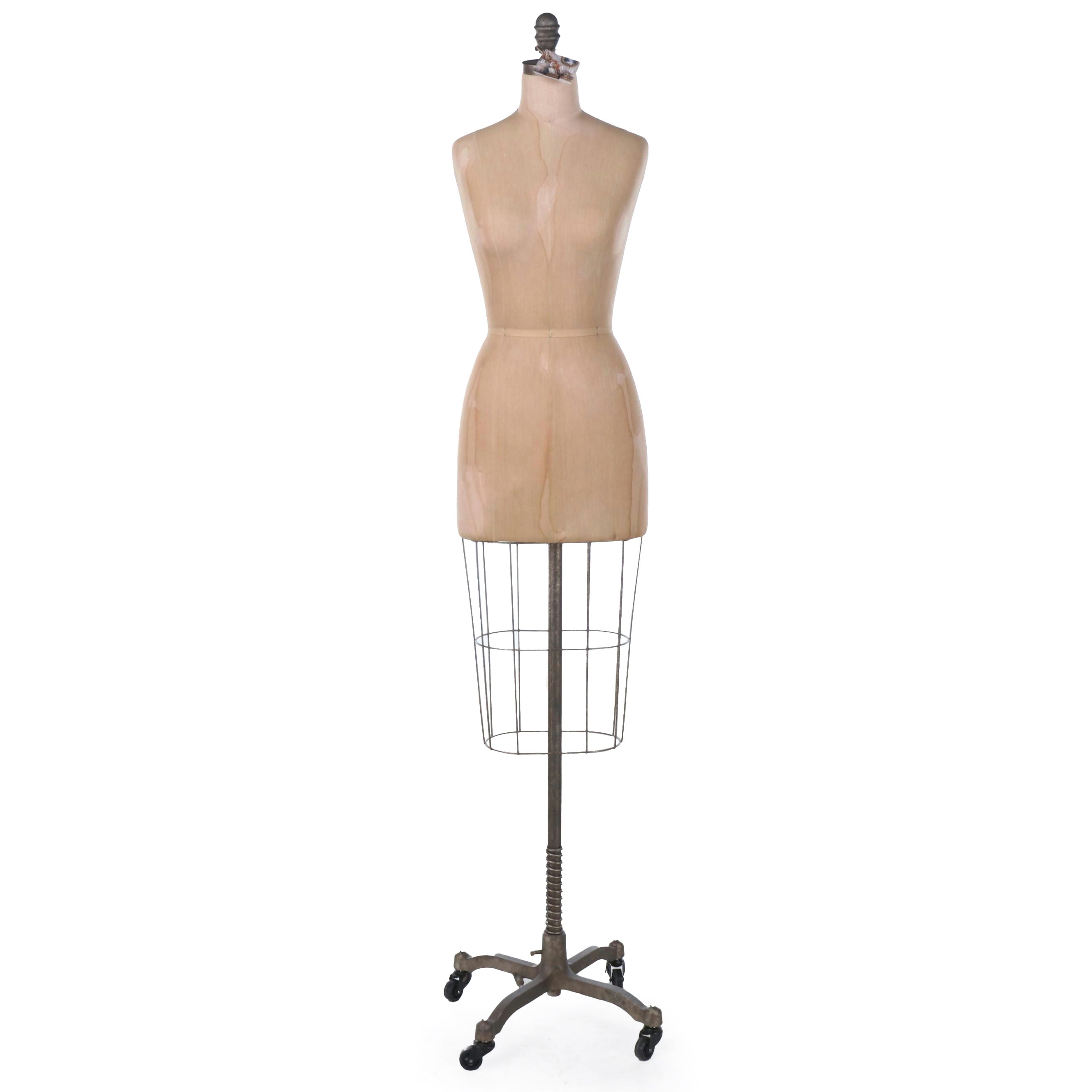 Metal and Fabric Wheeled Dress Form Mannequin, Early to Mid-20th Century