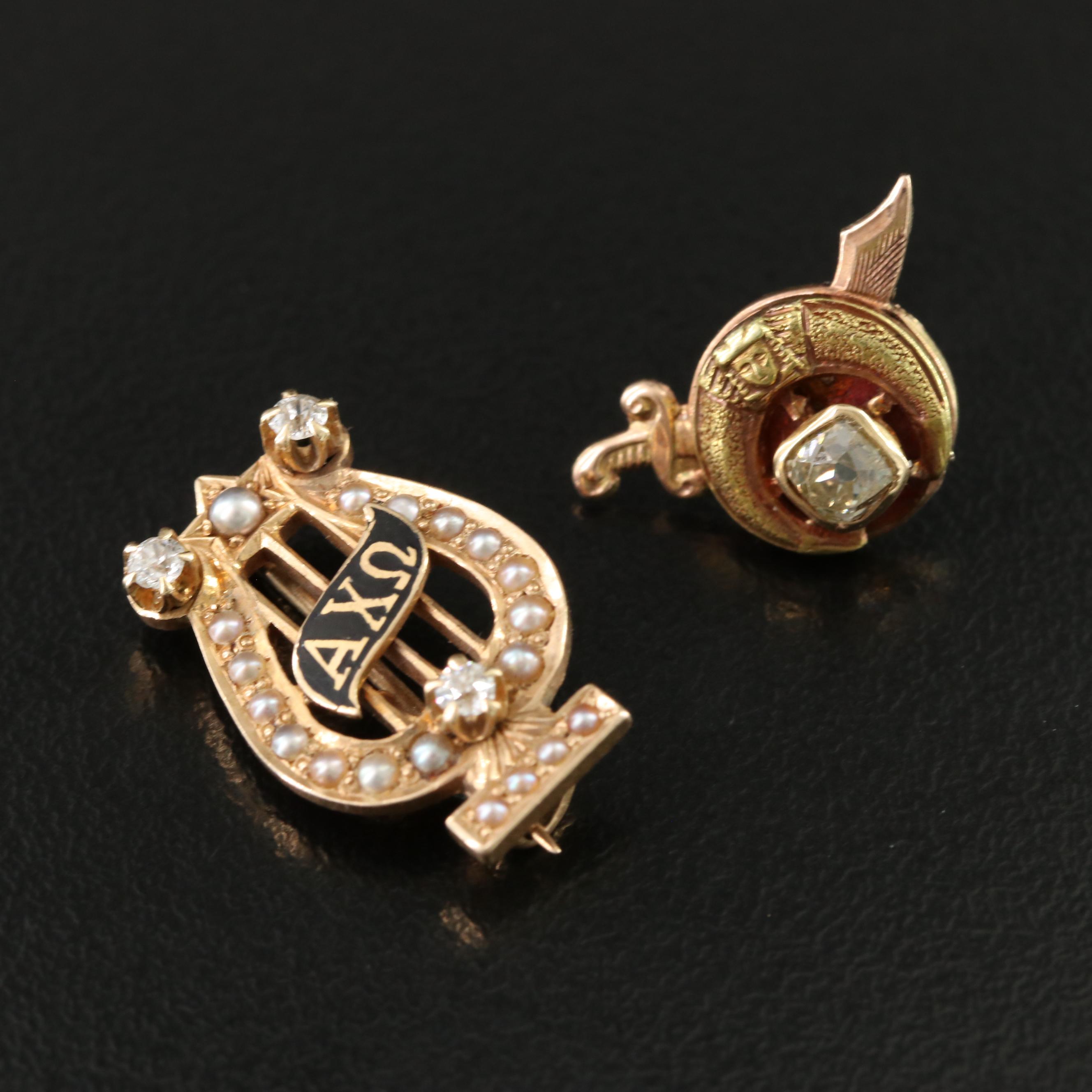 Vintage 14K Shriners and Fraternity Pins with Diamonds and Pearls