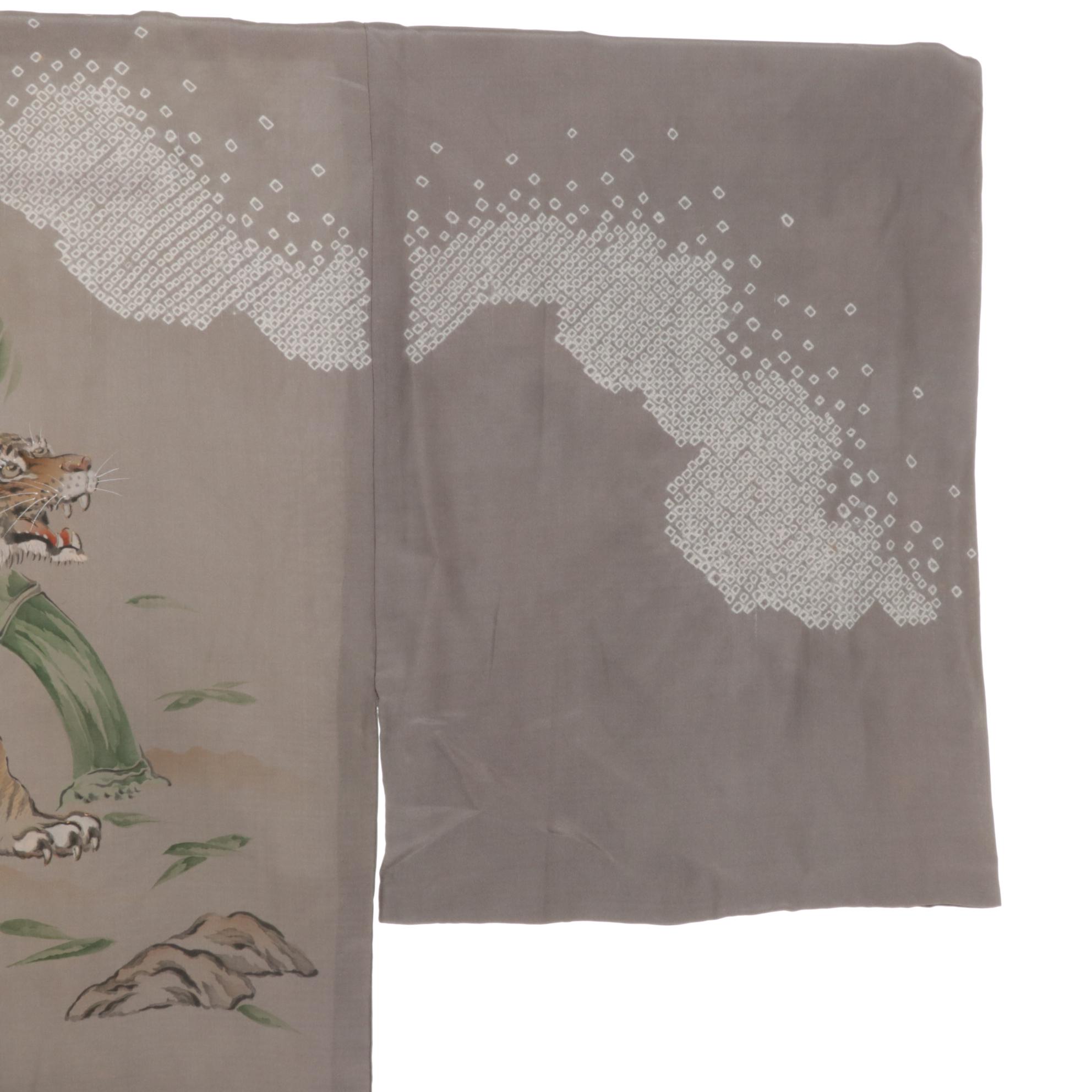 Japanese Silk "Nagajuban" with Hand-Painted Tiger, Mid-20th Century