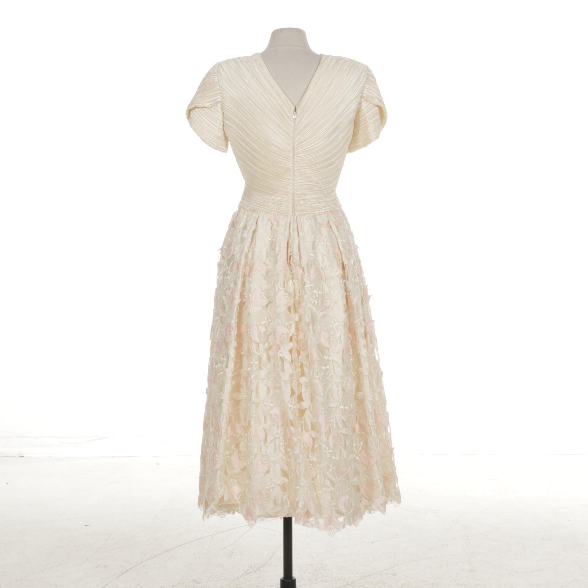 George F. Couture Creme Satin Pleated Cut-Work Floral Party Dress, 1980s