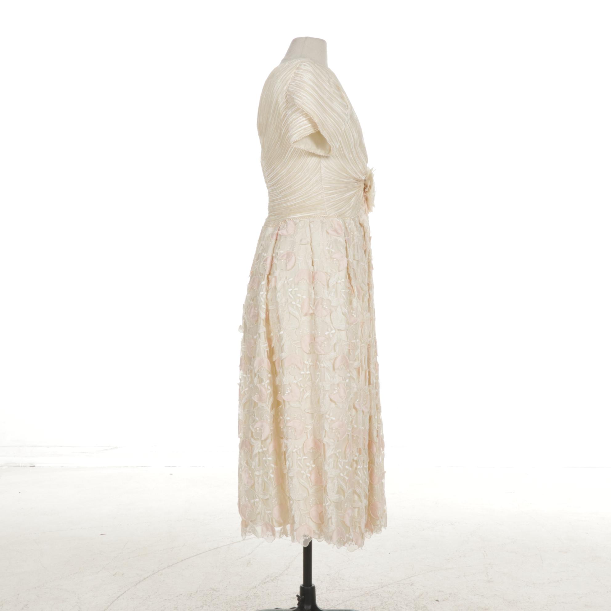 George F. Couture Creme Satin Pleated Cut-Work Floral Party Dress, 1980s