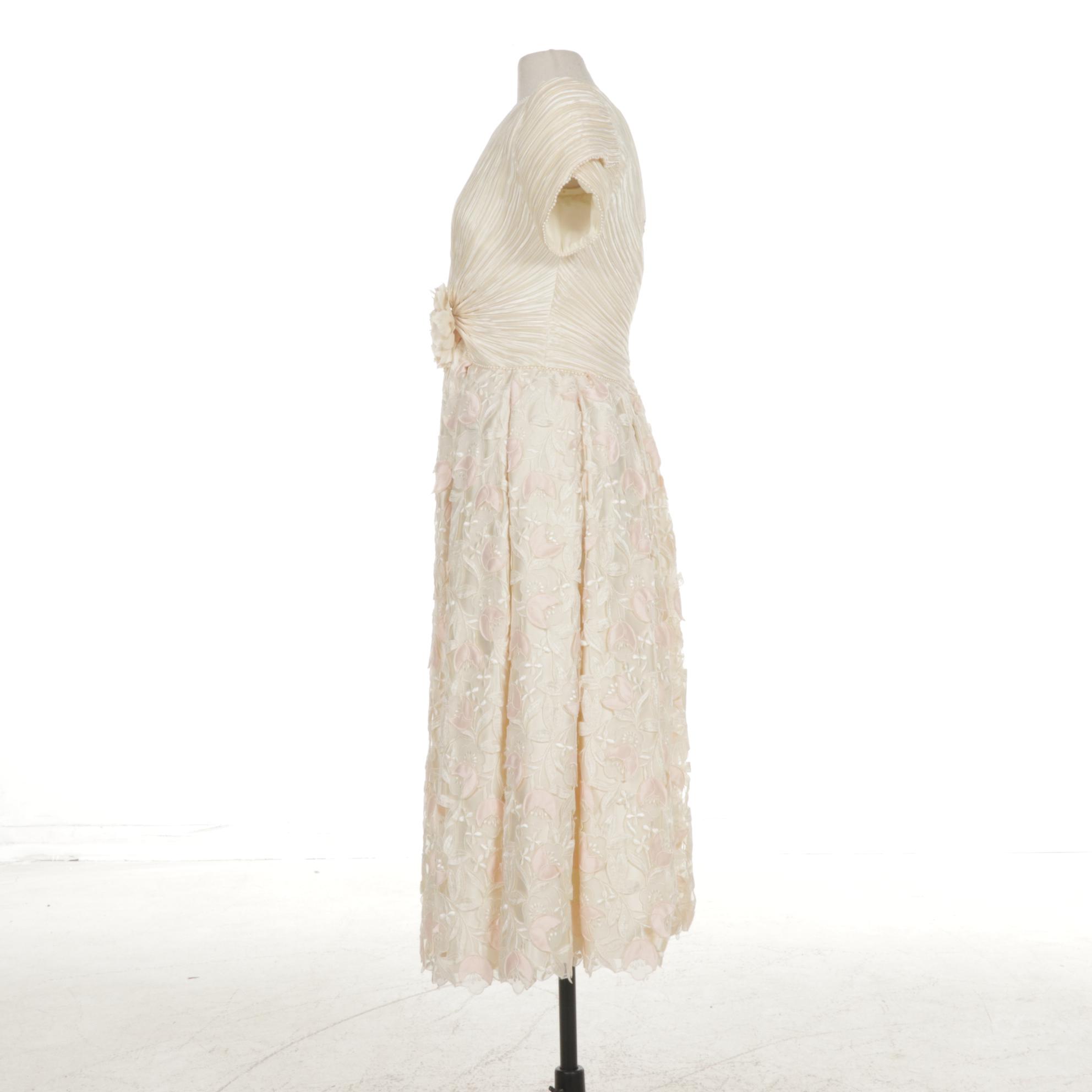 George F. Couture Creme Satin Pleated Cut-Work Floral Party Dress, 1980s