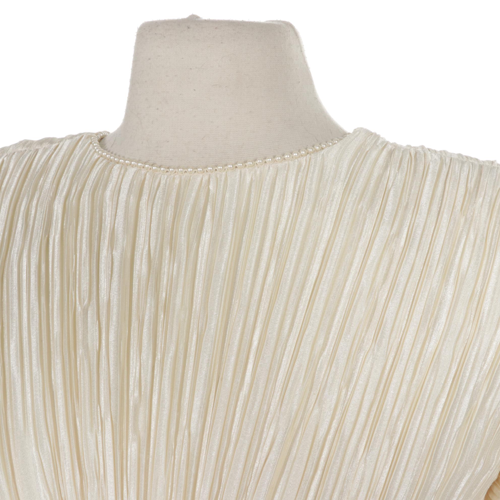 George F. Couture Creme Satin Pleated Cut-Work Floral Party Dress, 1980s