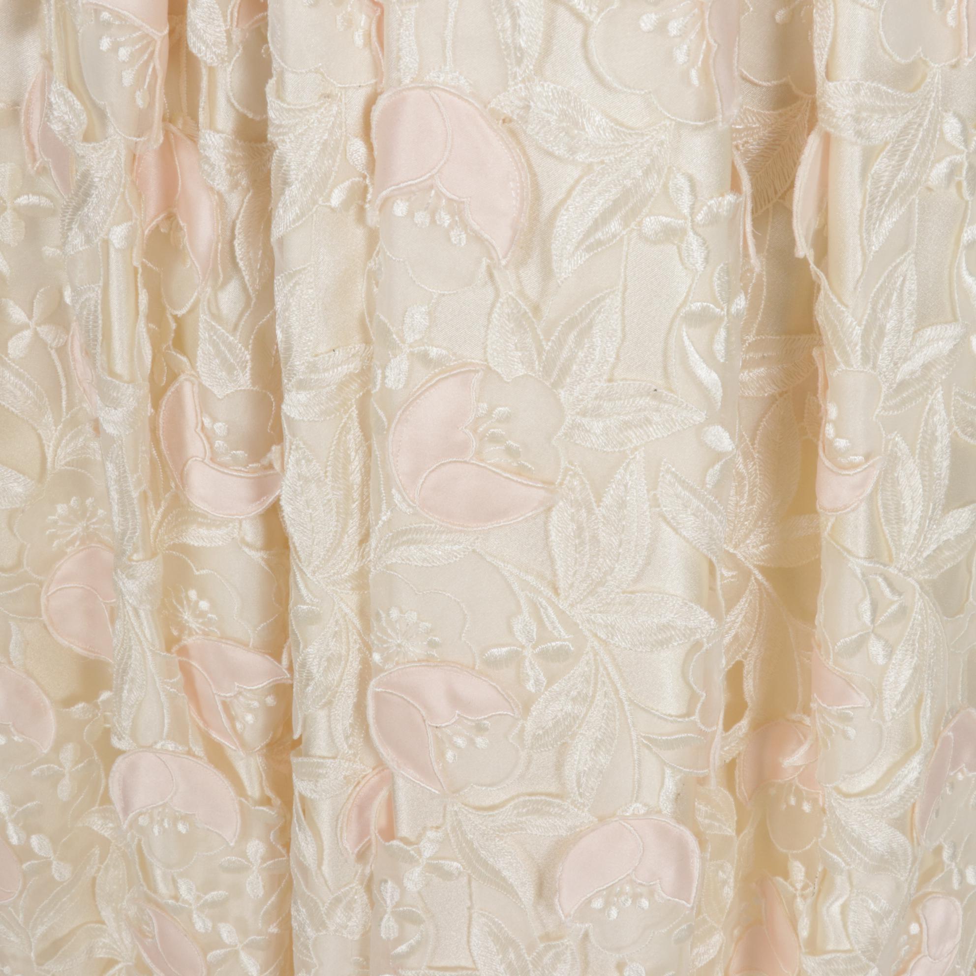 George F. Couture Creme Satin Pleated Cut-Work Floral Party Dress, 1980s