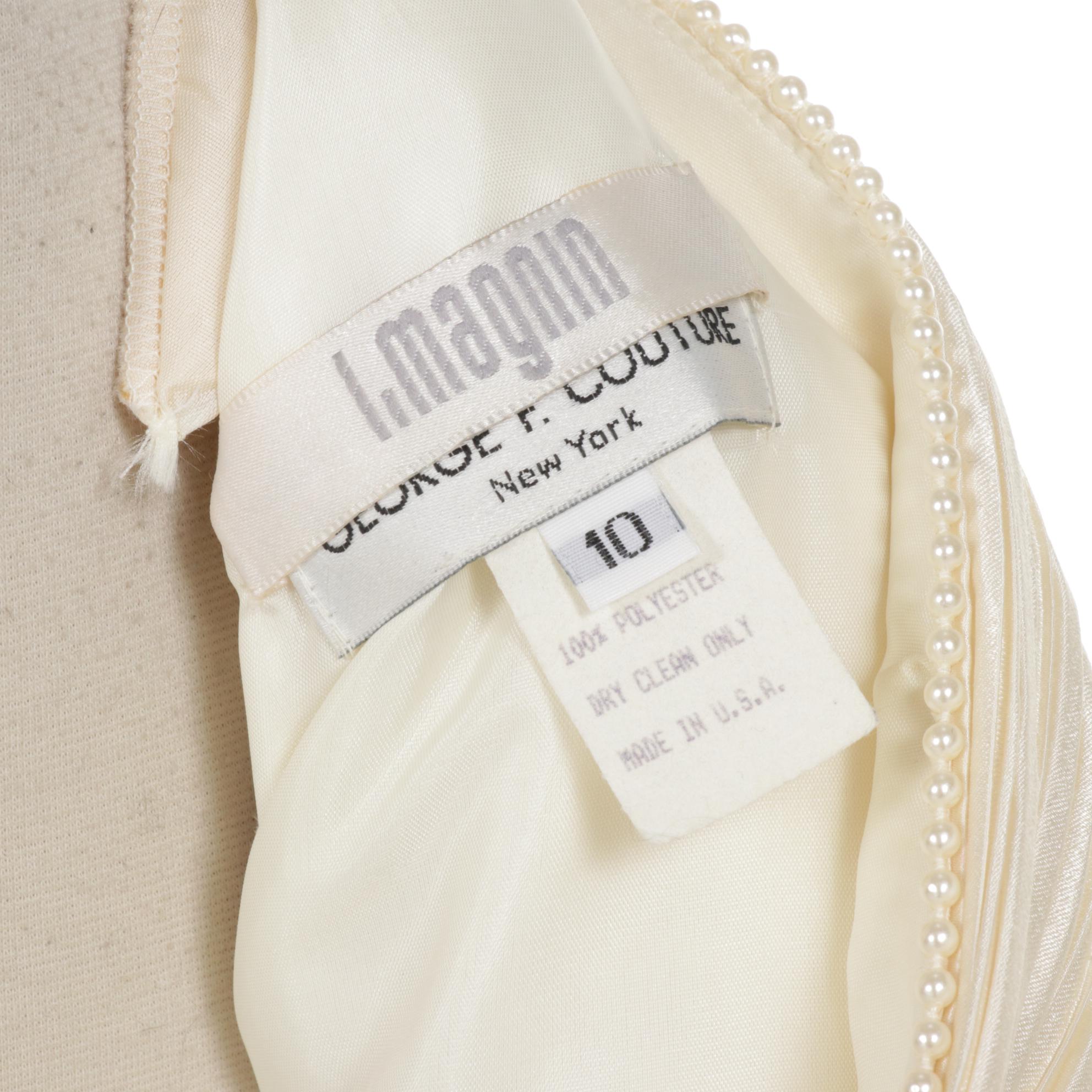 George F. Couture Creme Satin Pleated Cut-Work Floral Party Dress, 1980s