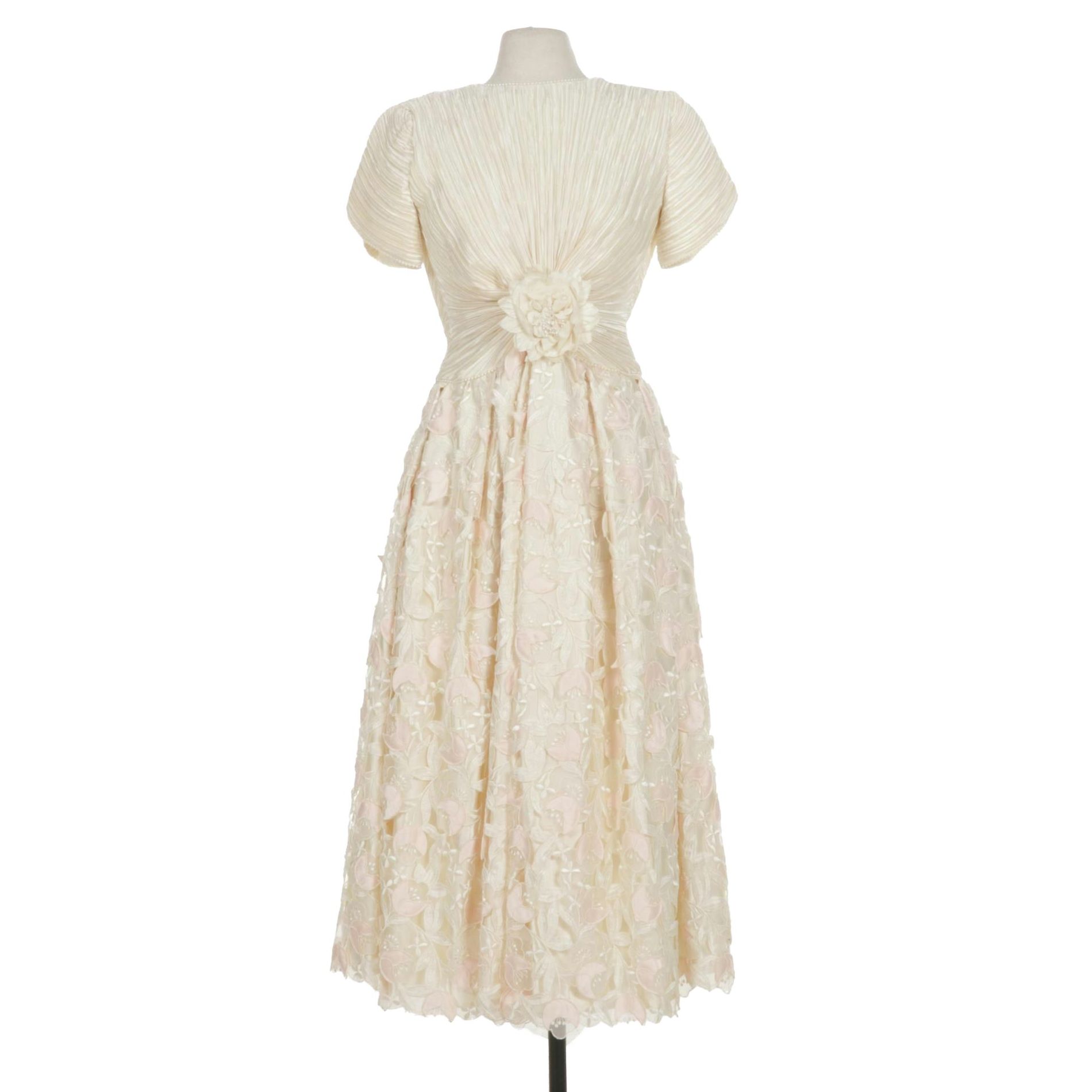 George F. Couture Creme Satin Pleated Cut-Work Floral Party Dress, 1980s