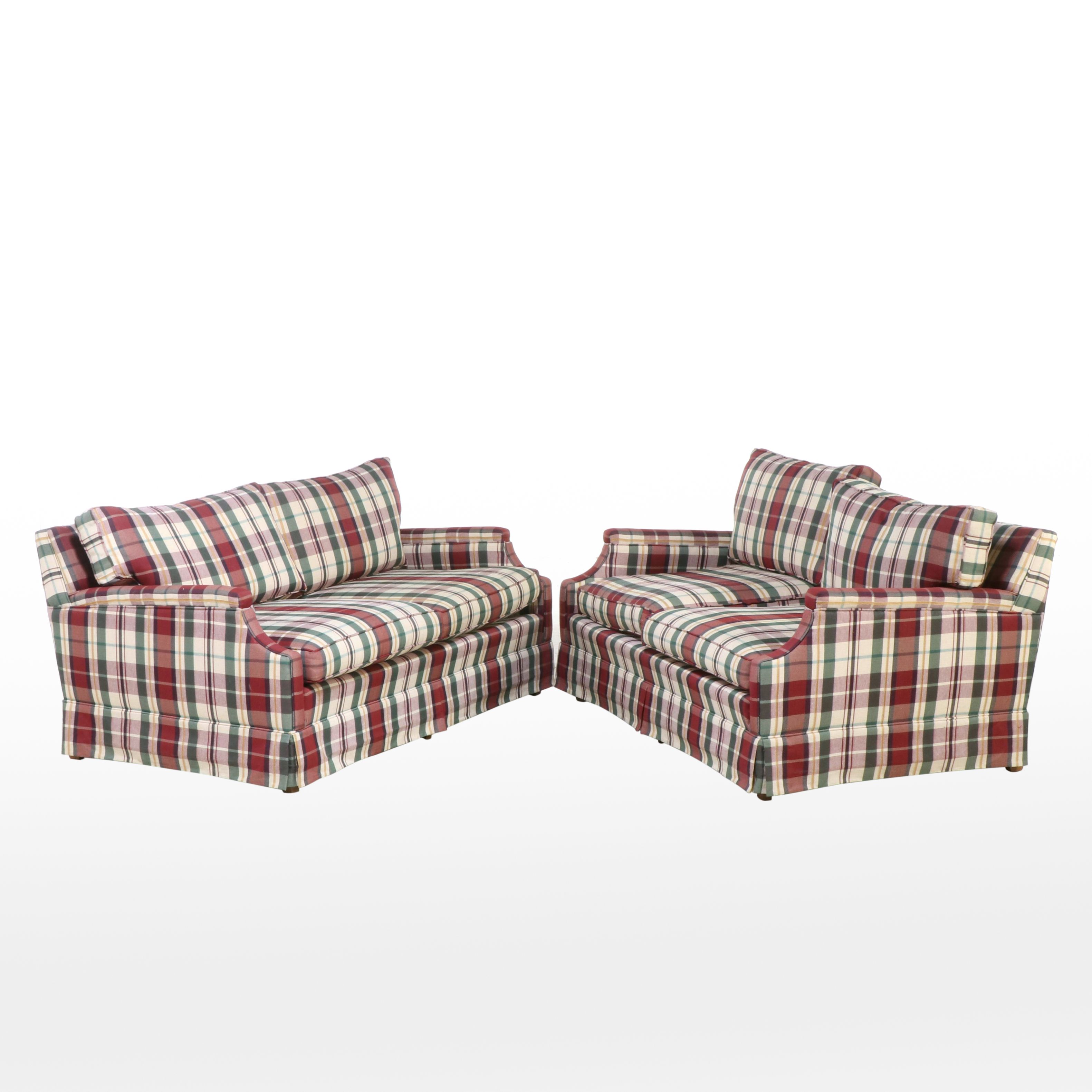Pair of Custom-Upholstered Plaid Loveseats, Late 20th Century