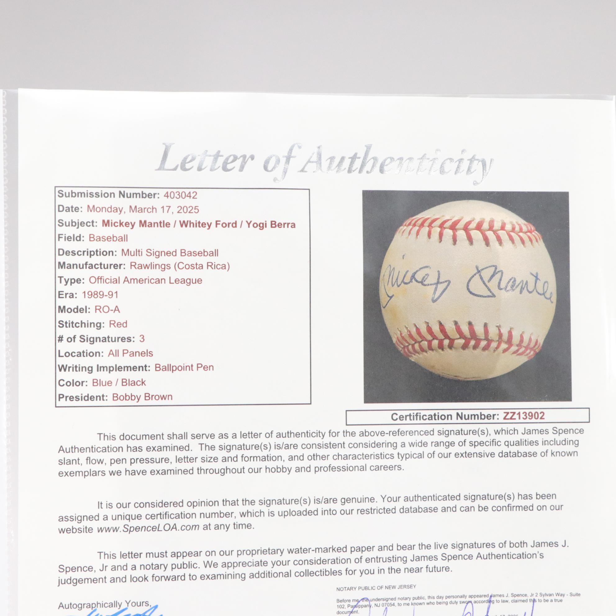Mickey Mantle, Yogi Berra, and Whitey Ford Signed Rawlings AL Baseball