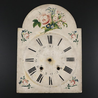 French Floral Painted Wooden Long Case Clock Face, 19th Century French Floral Painted Wooden Long Case Clock Face, 19th Century